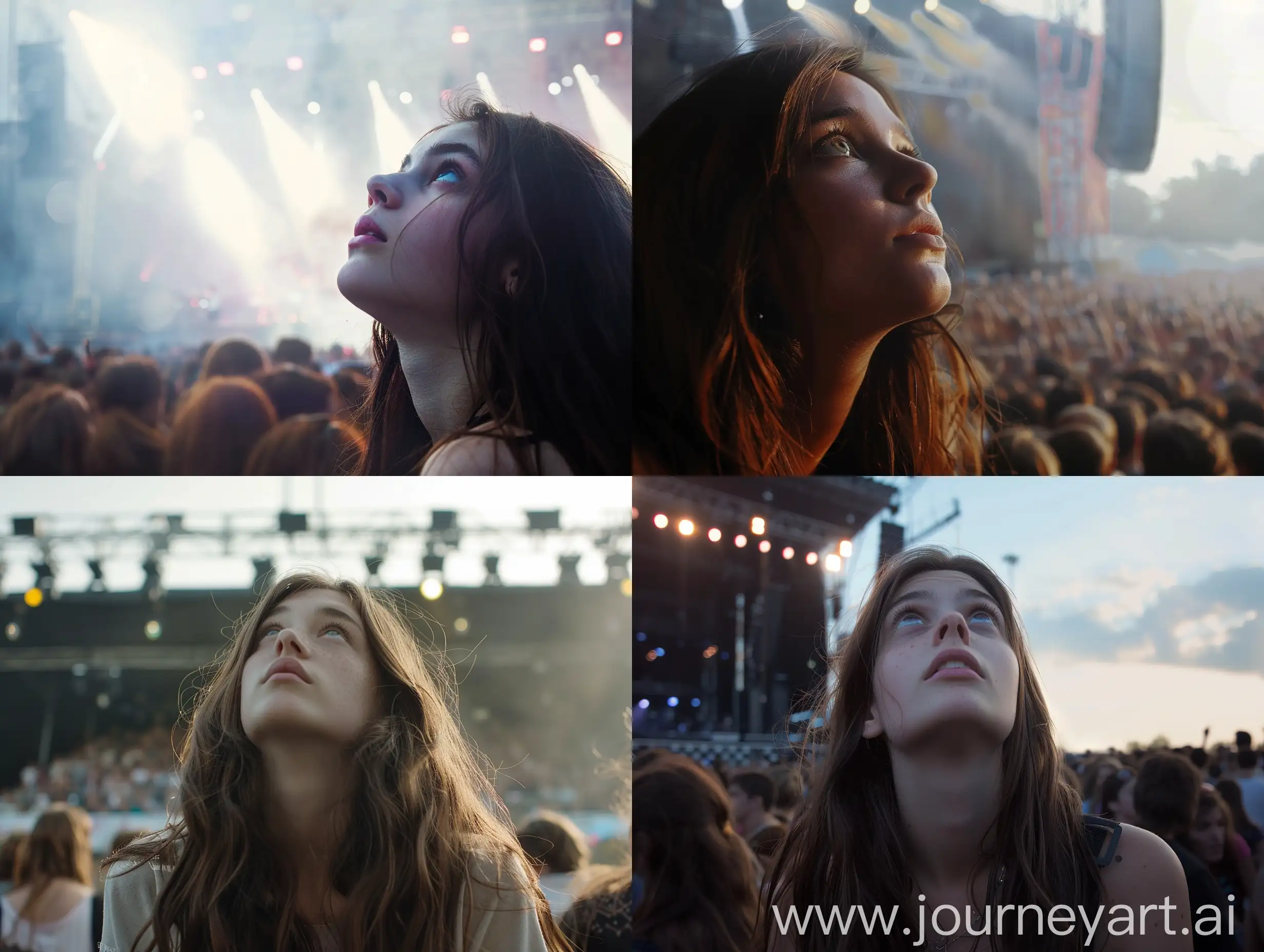 Realistic photograph of a young woman watching a concert. There's a crowd behind her and she's looking up at the stage. The stage is not visible. The woman has long brown hair and pale skin