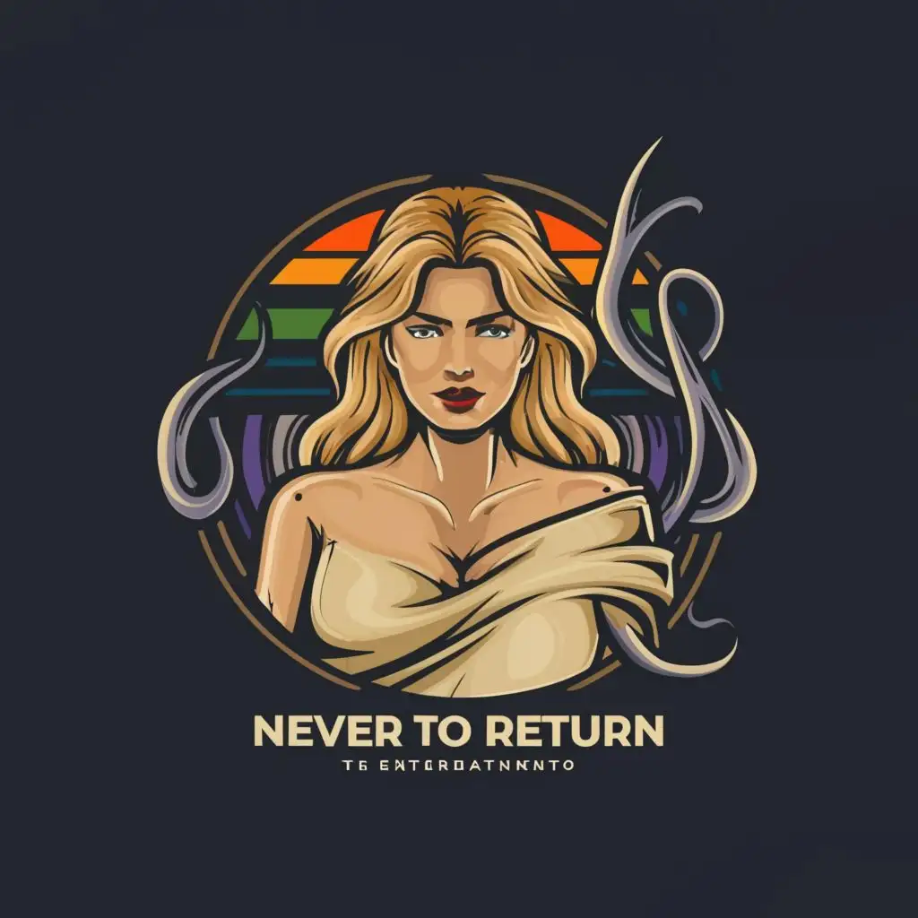 logo, woman, with the text "Never To Return", typography, be used in Entertainment industry