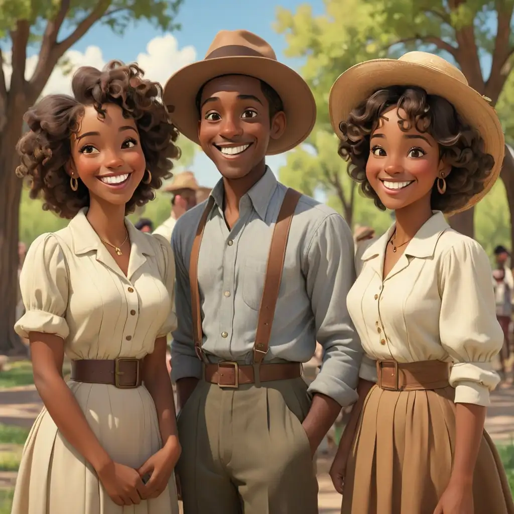 Joyful African American Couples Enjoying a Day Out in Vintage Cartoon Style at New Mexico Park