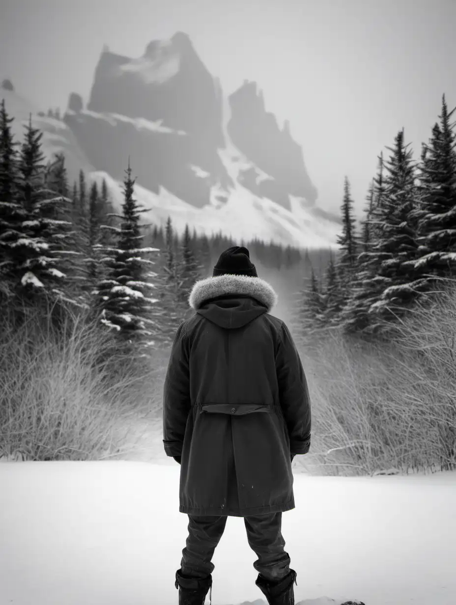 black and white canada wilderness man in wooly hat and parka standing with back gotham