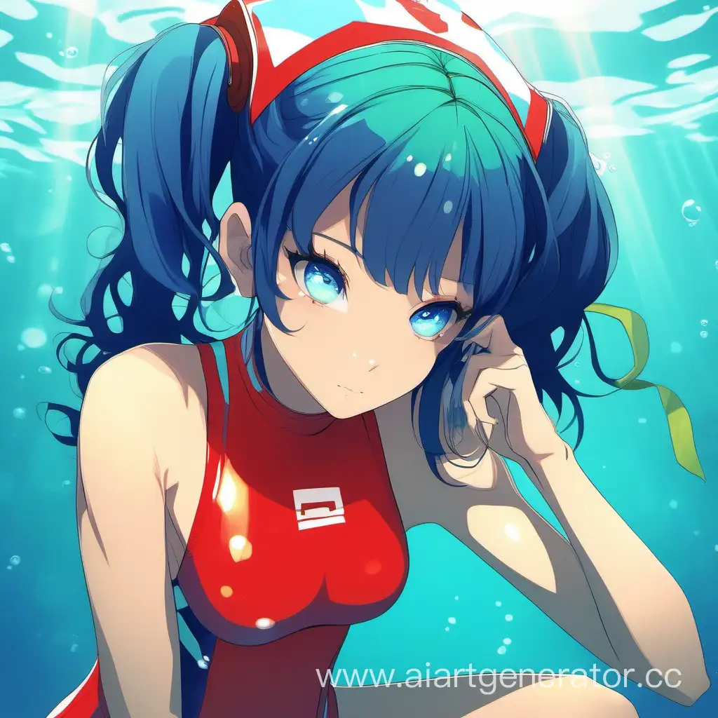 human with light green skin, underwater, in a red lifeguard swimsuit, light blue eyes, double bun with bang hairstyle, dark blue hair,