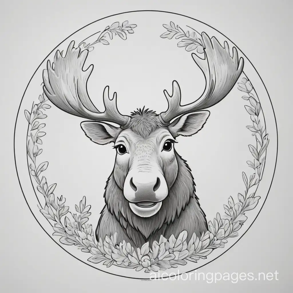 cartoon moose in a circle, Coloring Page, black and white, line art, white background, Simplicity, Ample White Space. The background of the coloring page is plain white to make it easy for young children to color within the lines. The outlines of all the subjects are easy to distinguish, making it simple for kids to color without too much difficulty