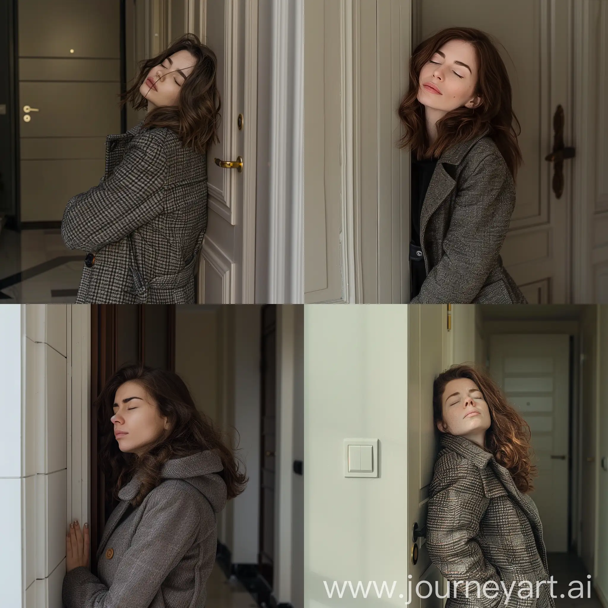 Waist-high photo, a woman with a very tired expression, in a coat, a brown-haired woman with closed eyes stands facing the camera, leaning back against the closed front door in the apartment, modern interior
