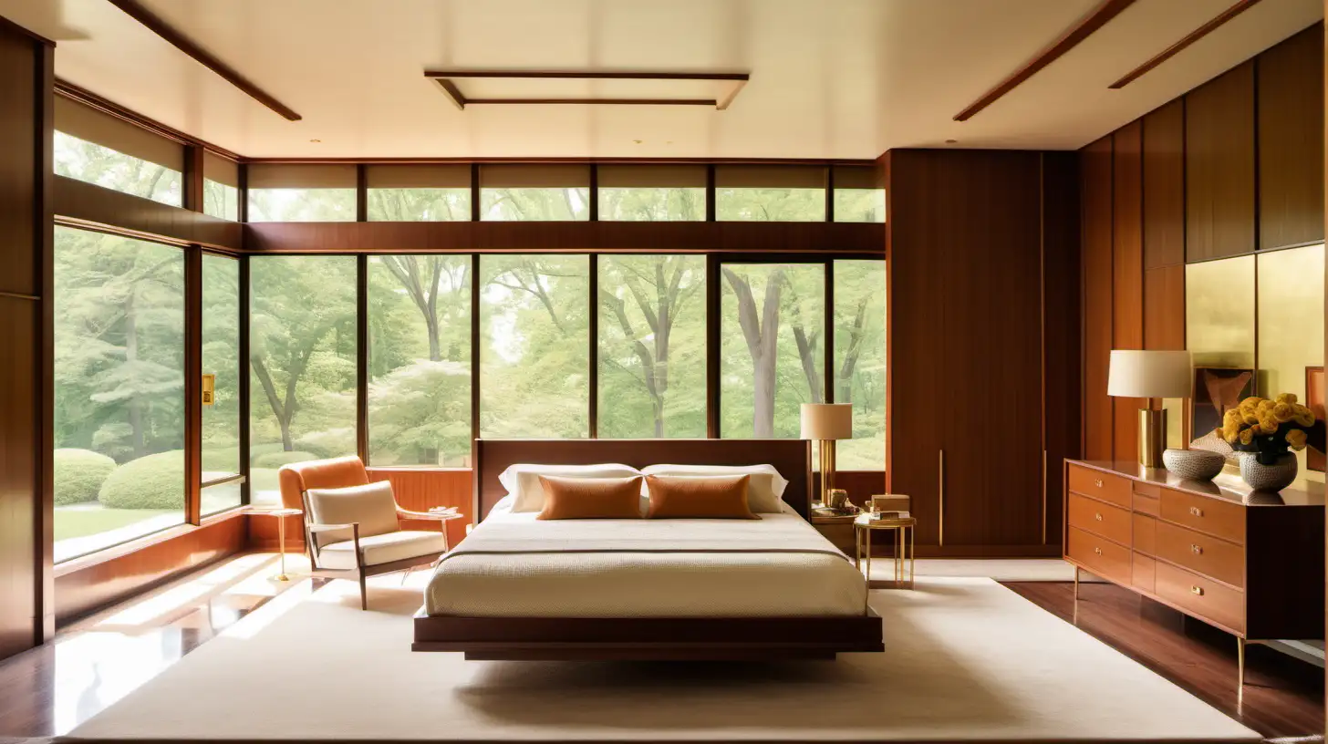 Midcentury Modern Palatial master bedroom in summer; large windows; beige, walnut wood and brass colour palette
