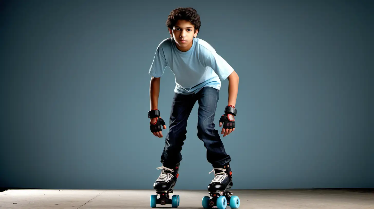 A full body shot of the subject, a 15 year old hispanic boy, rollerblading forward towards the camera, wearing a baby blue t-shirt, black jeans and roller blades, knee pads, elbow pads, headphones and a plaid shirt tied around his waist.
Camera Work:

The camera height appears to be set at a level that captures the scene straightforwardly, suitable for either static shots or dynamic tracking movements. The setup implies the use of a stabilization system to minimize shake and maintain a smooth focus plane, ideal for adding post-production elements that require a stable background.
