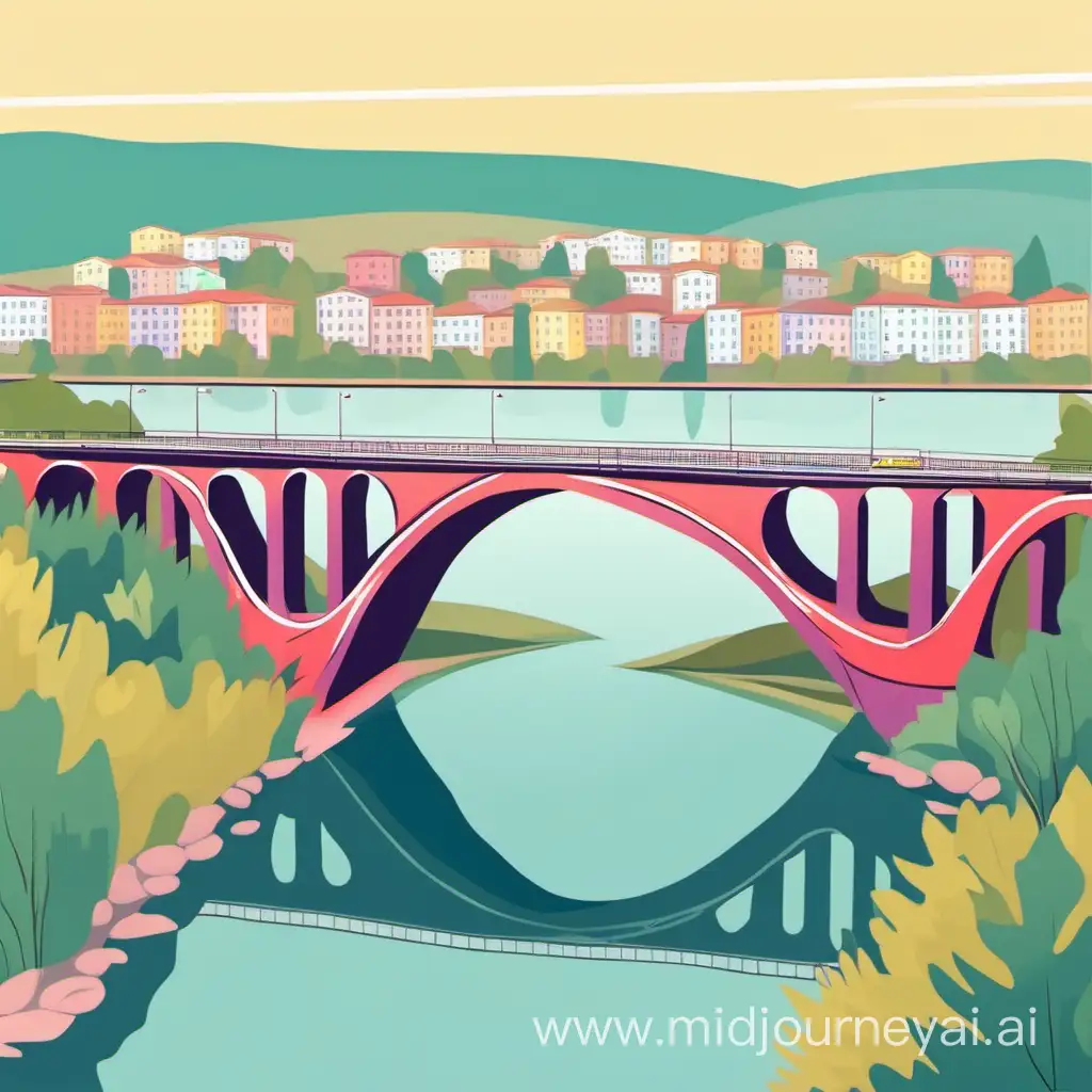 The Mitrovica bridge, ura e ibrit on the river ibar, flat design not too complex, vector art illustration, pastel colours —ar 5:7