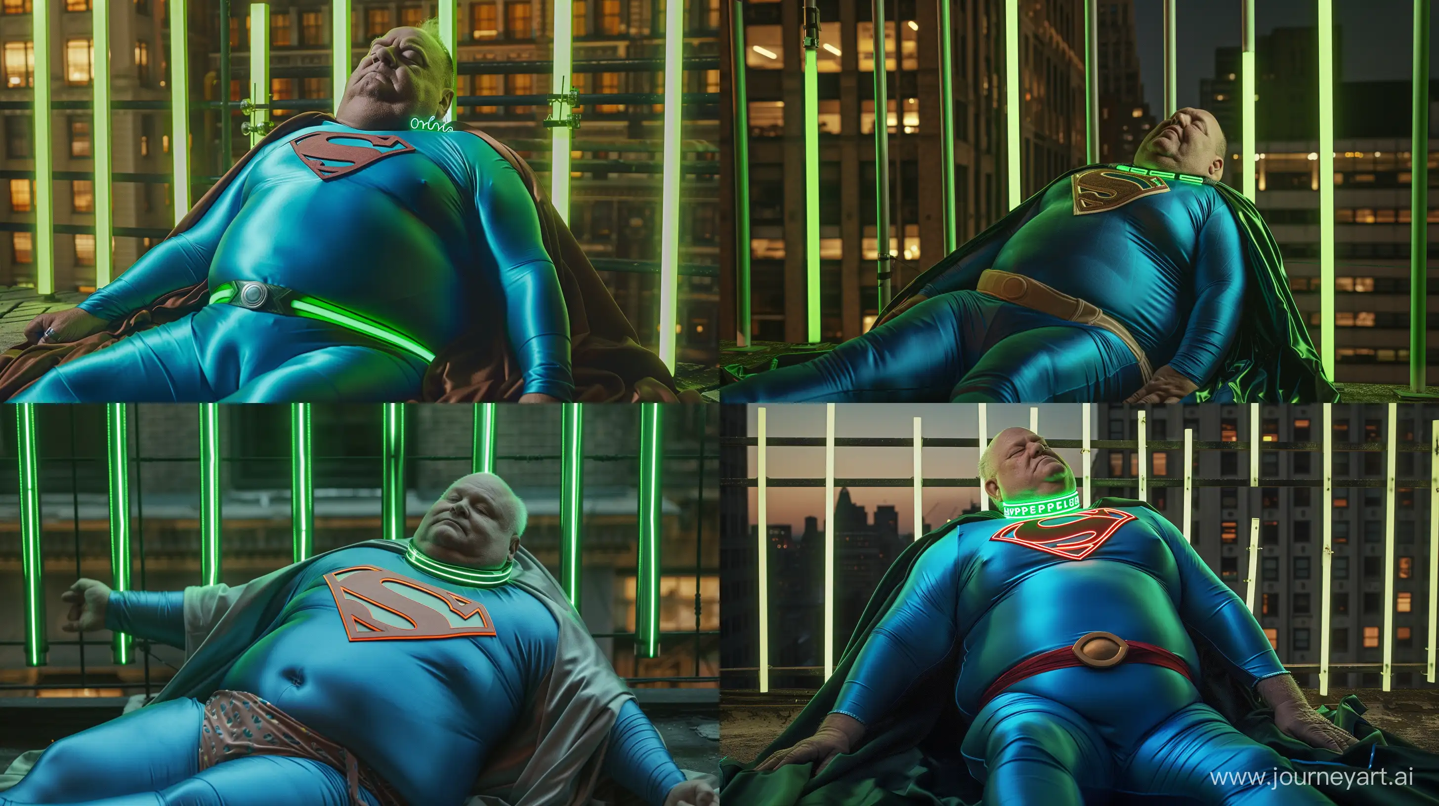 Photo of a fat man aged 60 wearing a silk blue superman tight costume with a large cape and a tight green glowing neon dog collar. Sleeping against green glowing green neon bars on a rooftop. Natural light. --style raw --ar 16:9