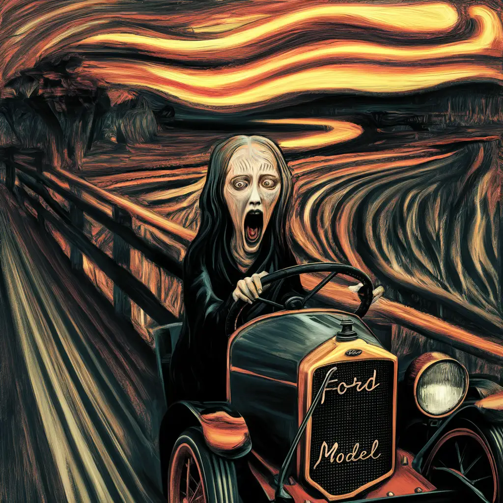 the lady from Edvard Munch "The Scream" on road driving a "T-ford"