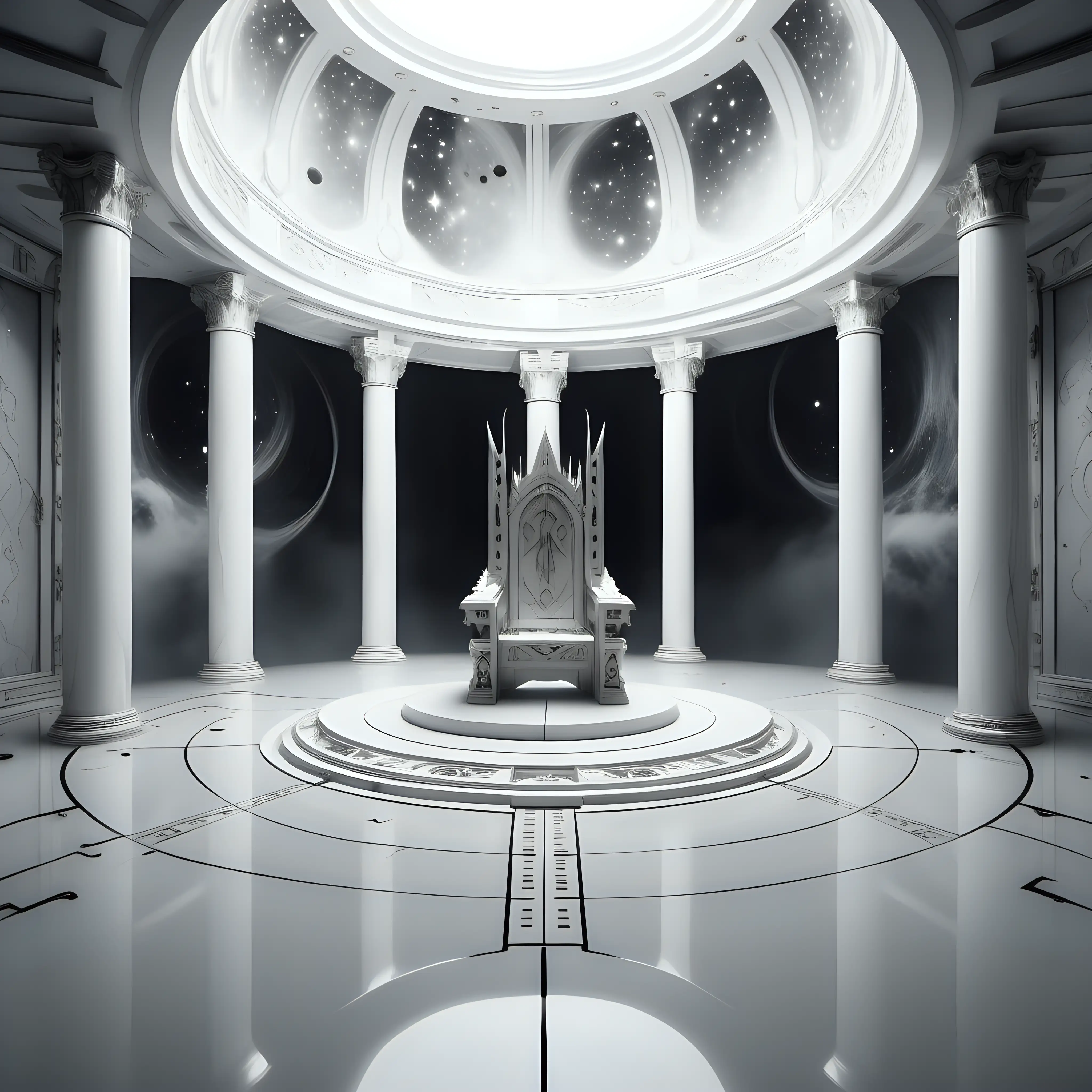 Epic Astrological heavenly throne room off white theme with void in background with grey colored blood on the floor 