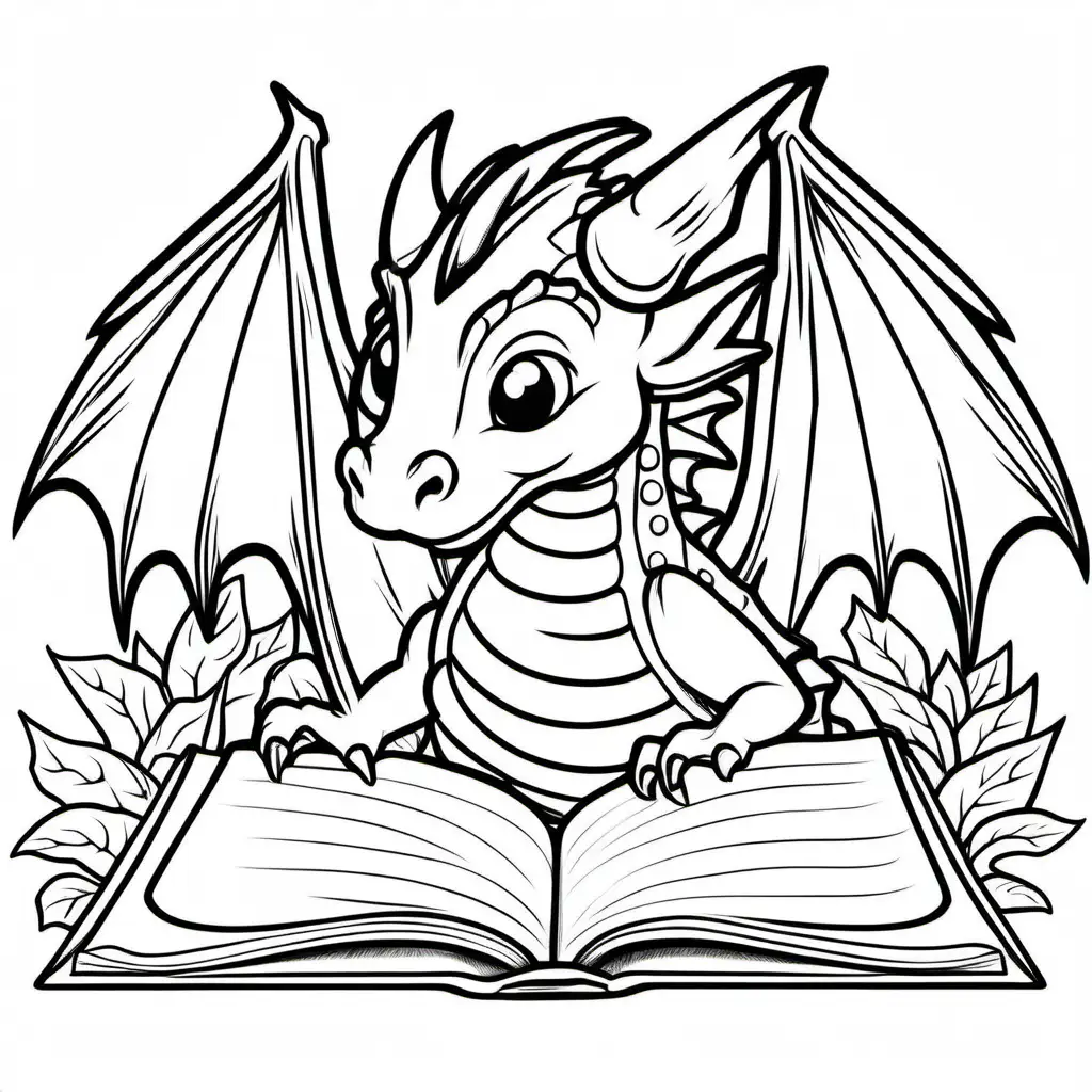 dragon reading , Coloring Page, black and white, line art, white background, Simplicity, Ample White Space. The background of the coloring page is plain white to make it easy for young children to color within the lines. The outlines of all the subjects are easy to distinguish, making it simple for kids to color without too much difficulty