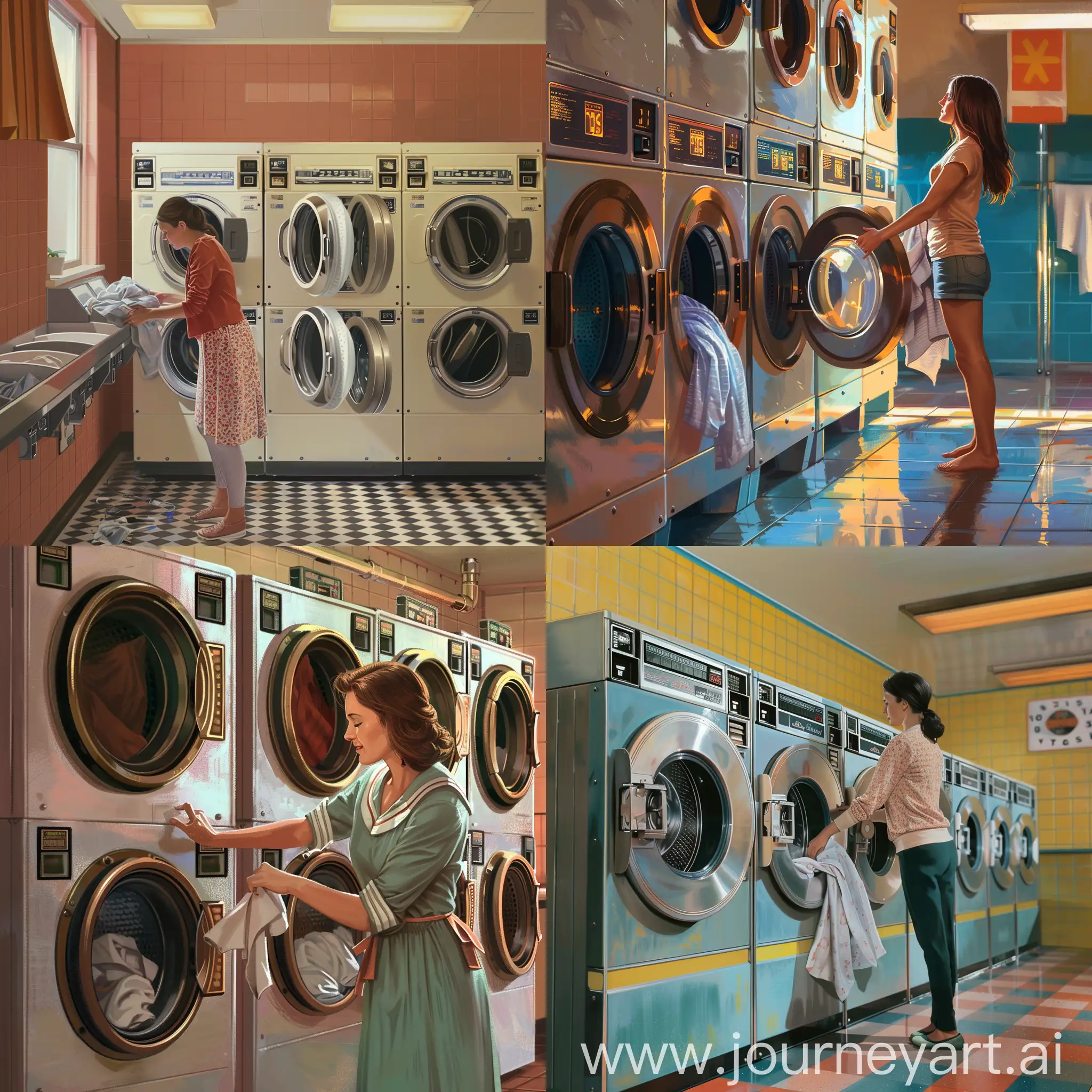 a mother doing laundry in a laundromat, photorealistic
