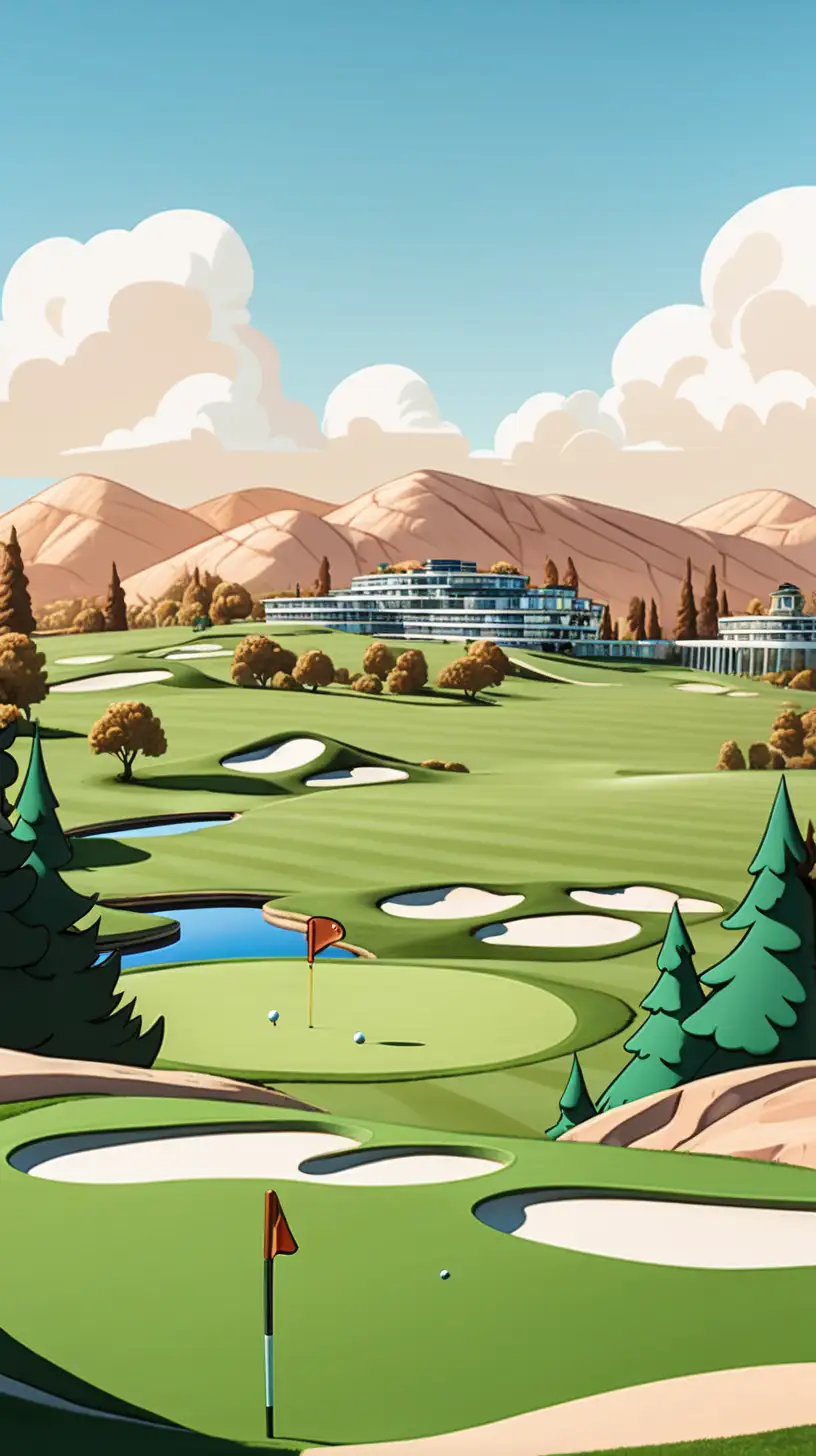 Cartoon Golf Course Landscape with Buildings in the Distance