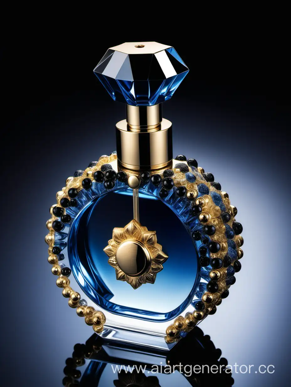 a crystal clear perfume bottle made of blue ,black and gold
transparent