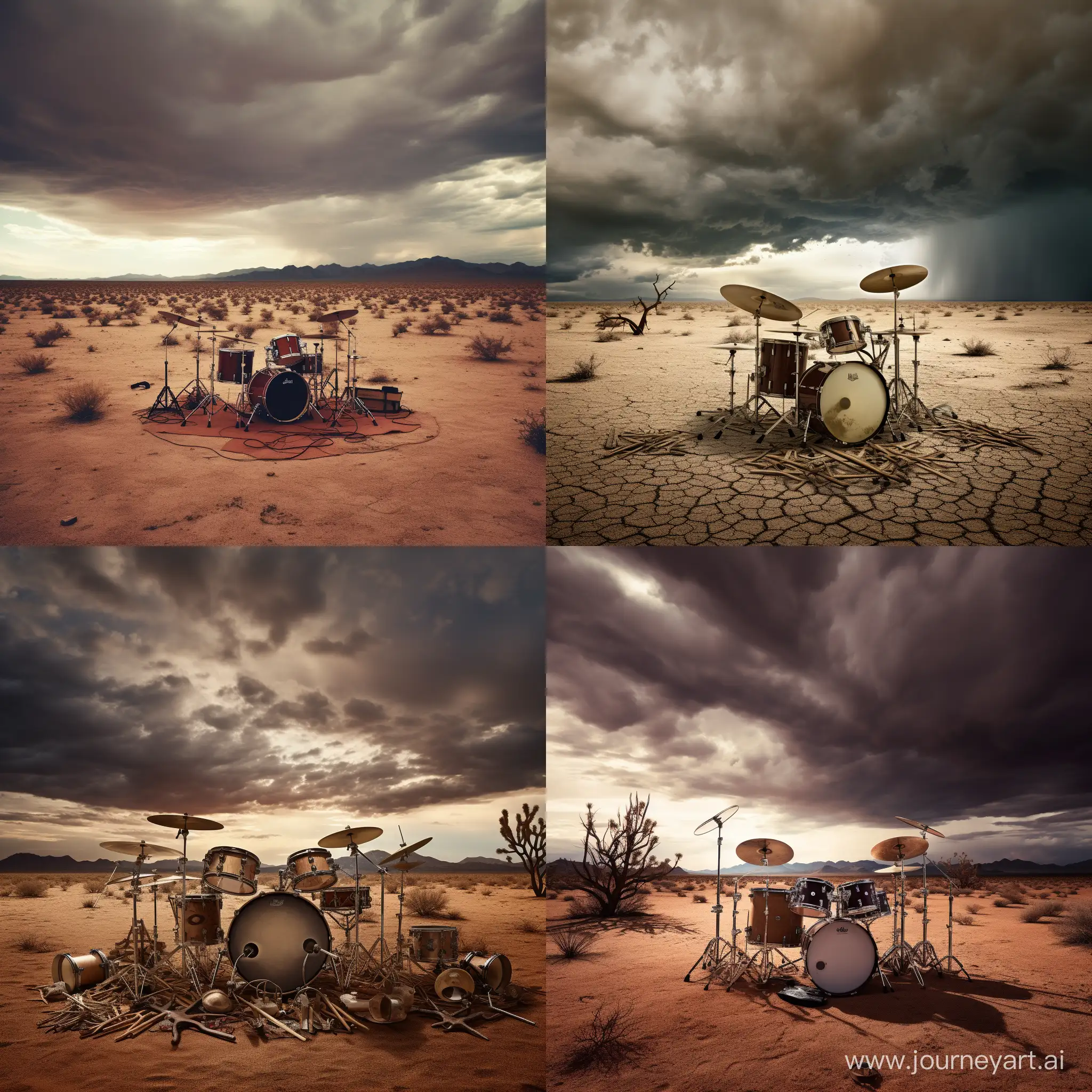 Partially buried drum kit in the desert, the sky before storm