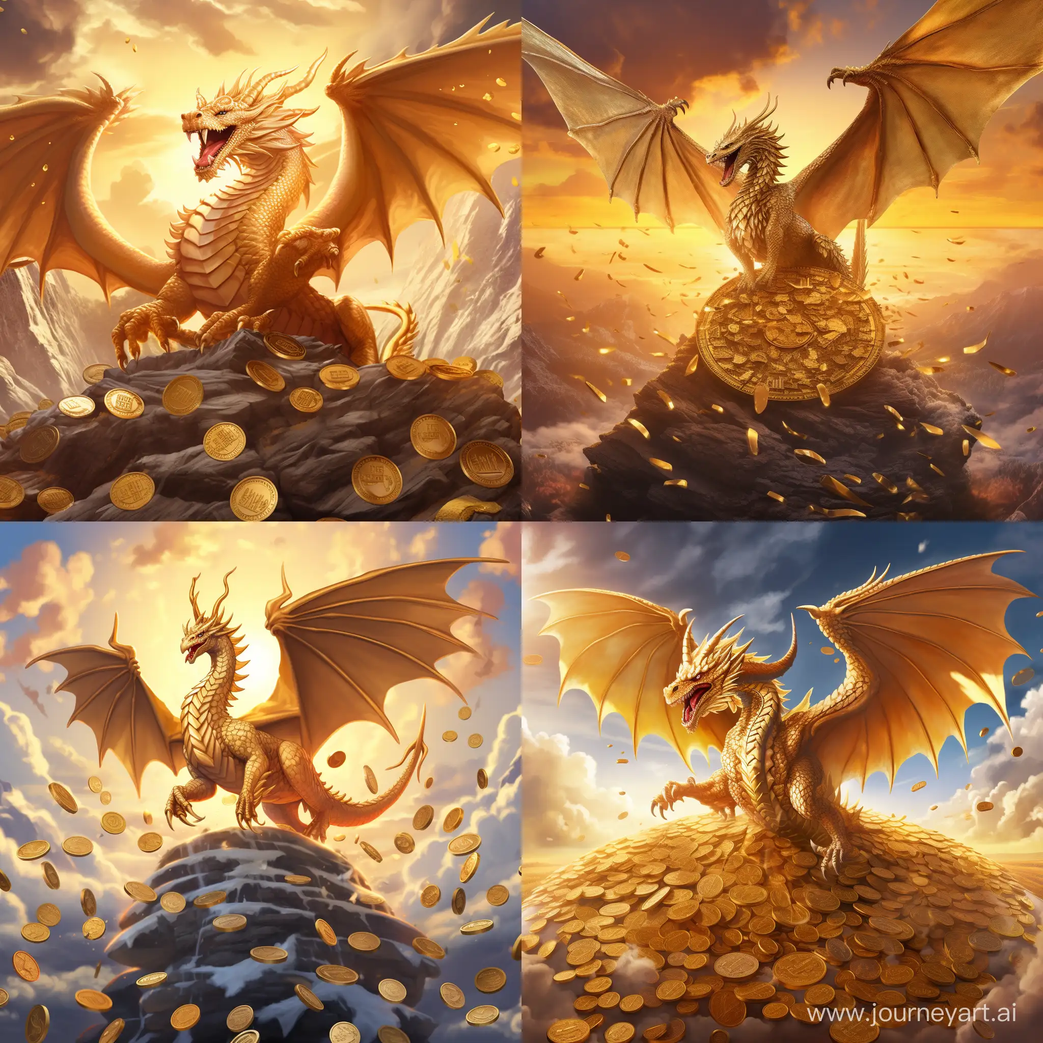 a golden dragon flying in the golden sky, his hands hold gold coin, surrounded by cgold coins, realistic
