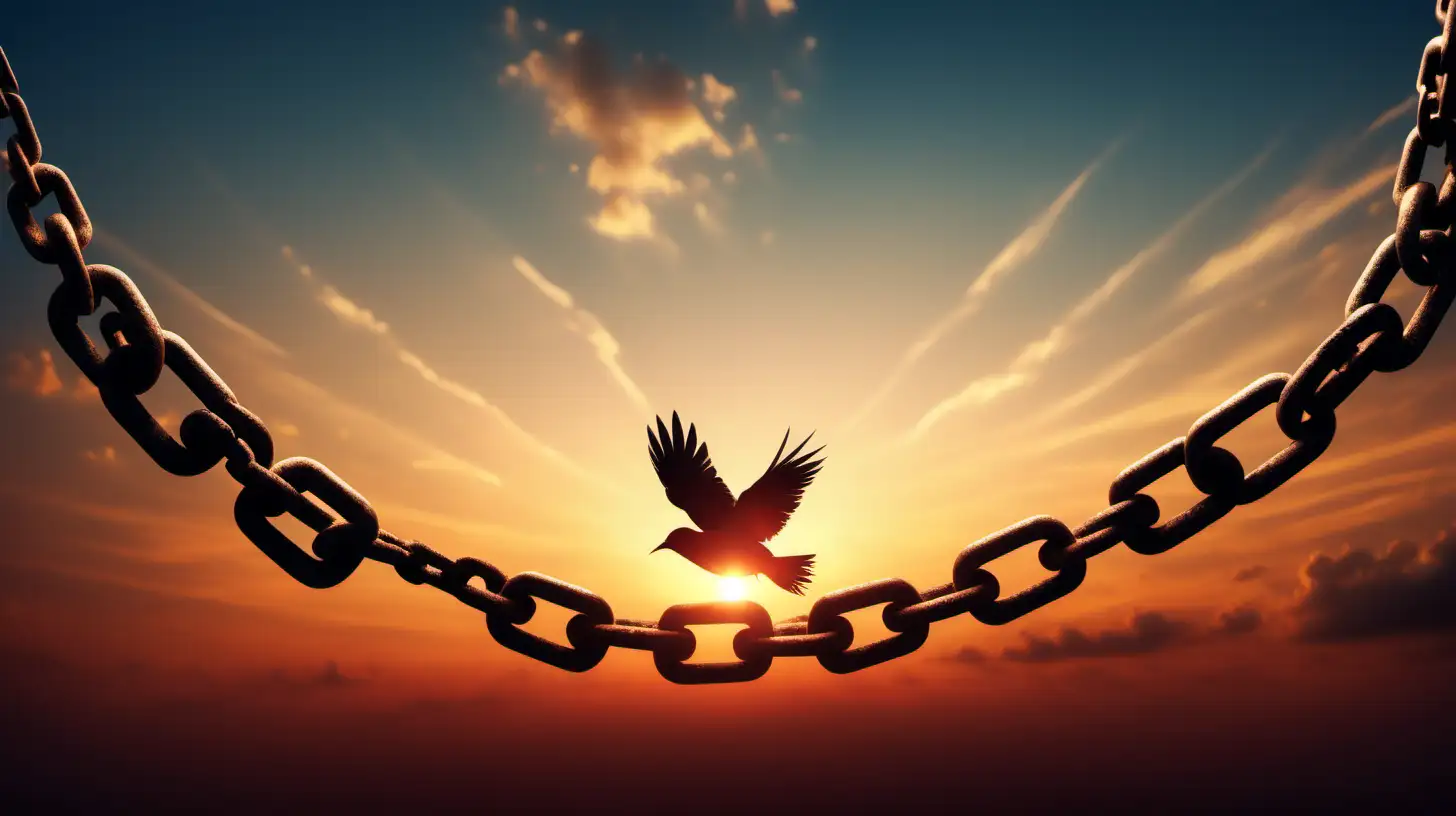 Freedom concept: Silhouette of bird flying and broken chains at sky sunset background 