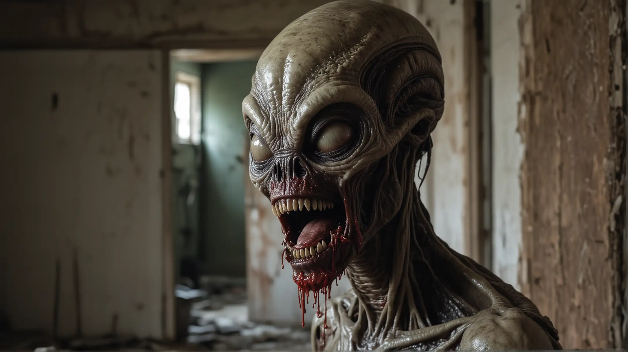 alien looking like the old Alien movie  in a abandoned house with lots of blood. With dangerous teeth and drool