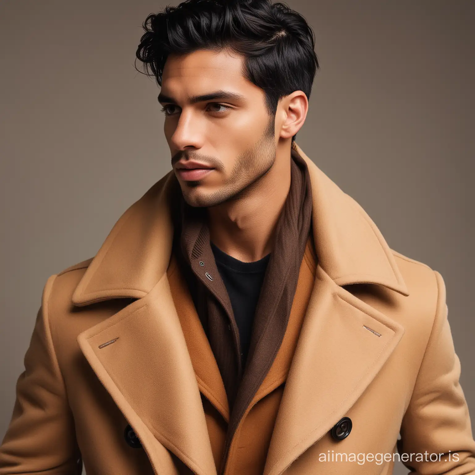 A stylish black hair man with brown coat