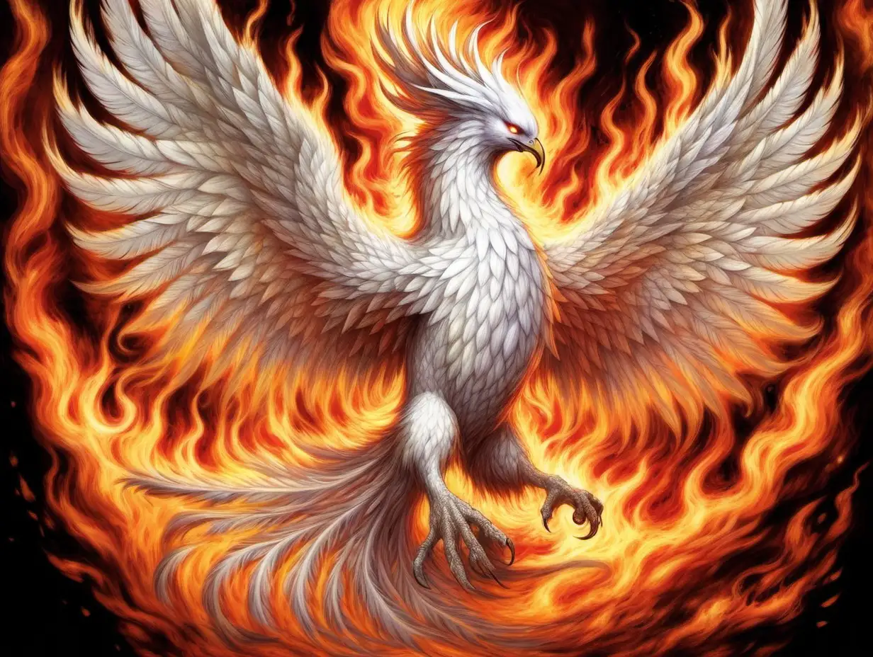 A white phoenix, rising from flames