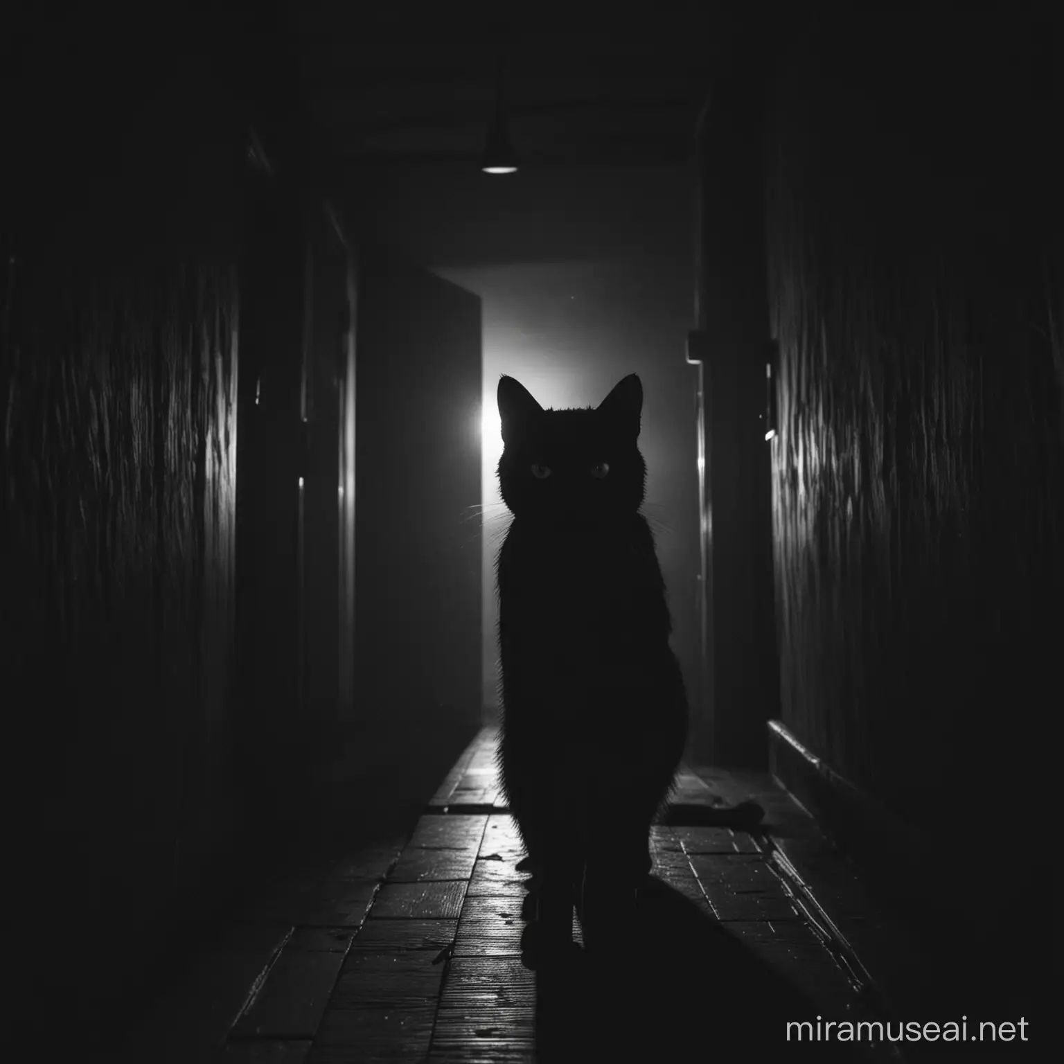 una silueta de un gato negro con mirada siniestra y malevola dentro de una habitación oscura por la noche