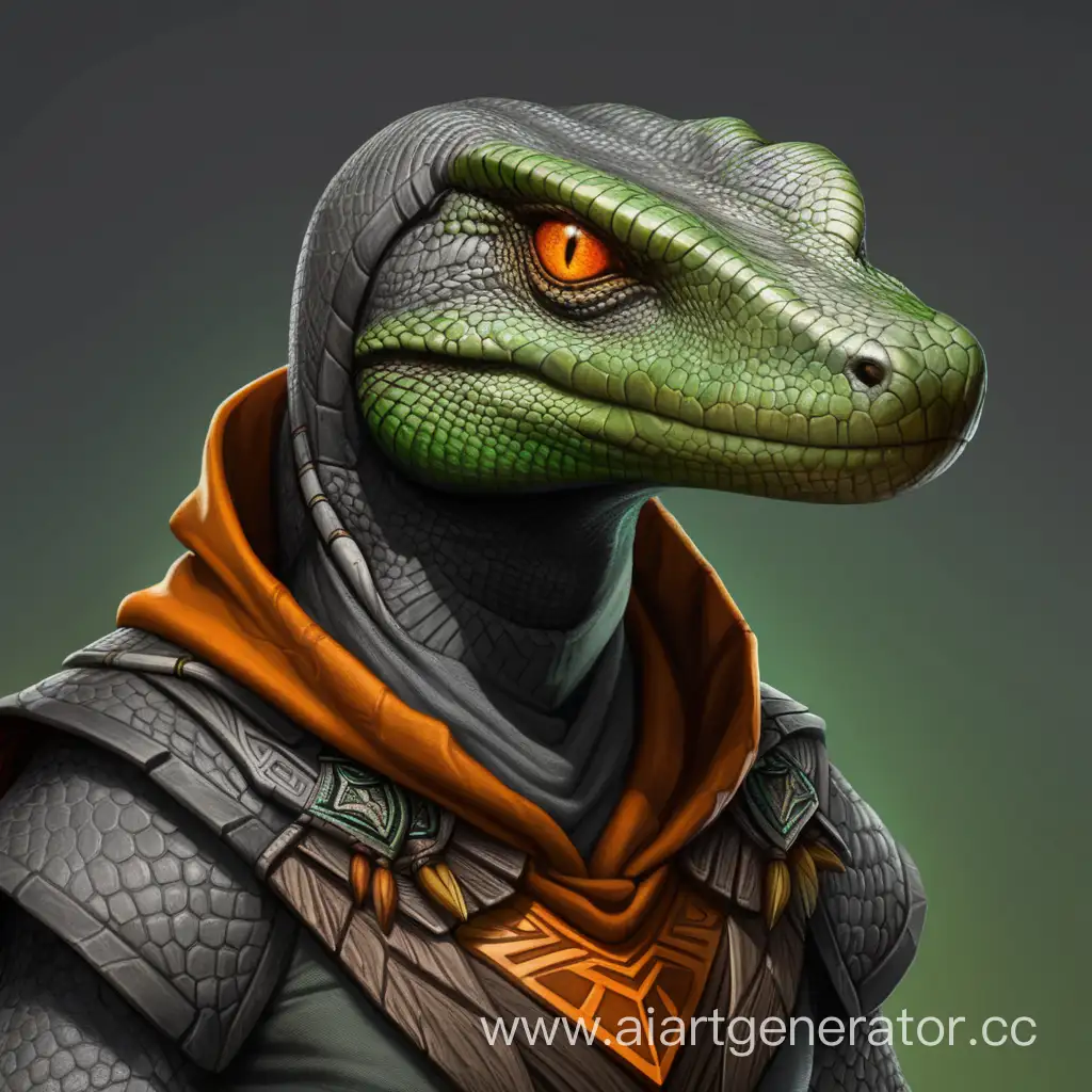 Mystical-Dark-Grey-Skin-Monitor-Lizard-Druid-with-Orange-Eyes-and-Green-Hood
