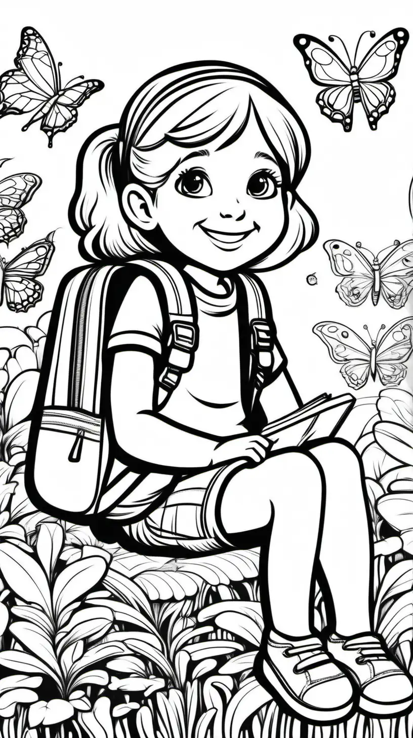 /imagine coloring book of an 8 year old girl, back pack, cartoon, sitting in the garden, smiling and happy, butterflies
