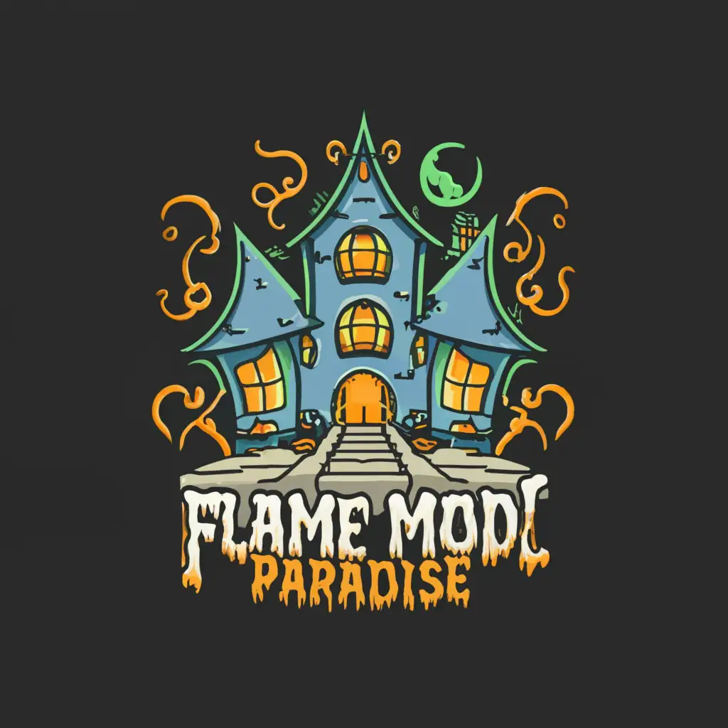 a logo design,with the text 'Flame Mod Paradise', main symbol:haunted house discord server logo,complex,be used in Technology industry, clear background, cyan color