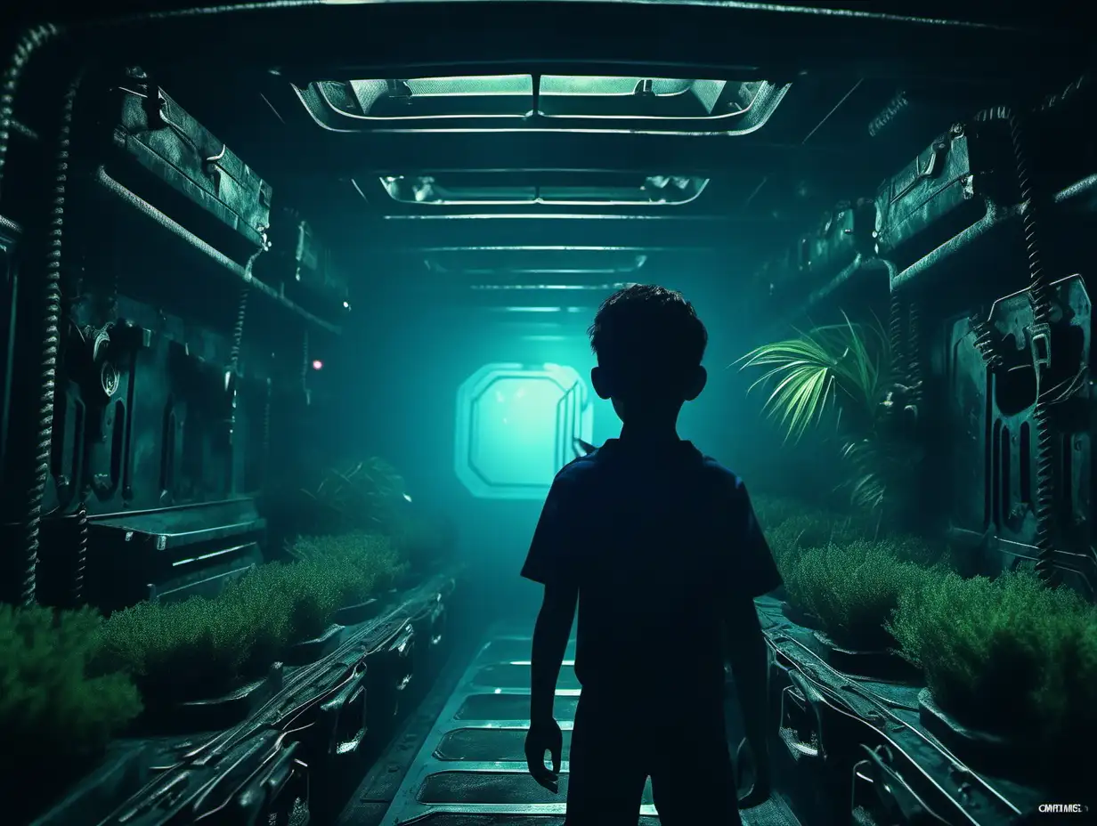 Cinematic moment of CGI animated boy, in eerie hull of ship, dark, gaming, moody, blue toned cinematic lighting, plant life --ar 4:3 -- s750