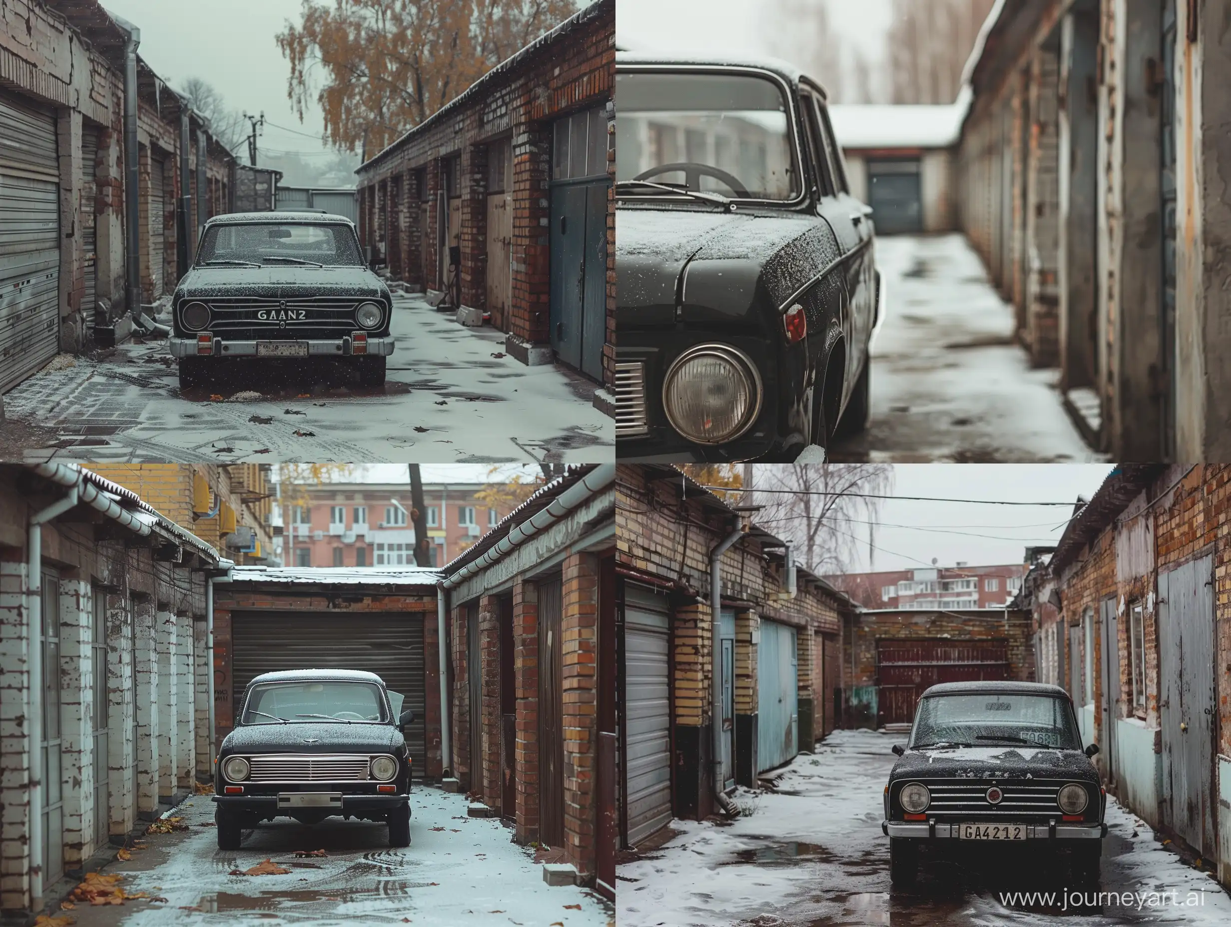  Гаражный кооператив в провинциальном российском городе поздней осенью. Слякоть, легкая изморозь. Бесконечный ряд гаражей. В одном из гаражей припаркована черный автомобиль газ-21