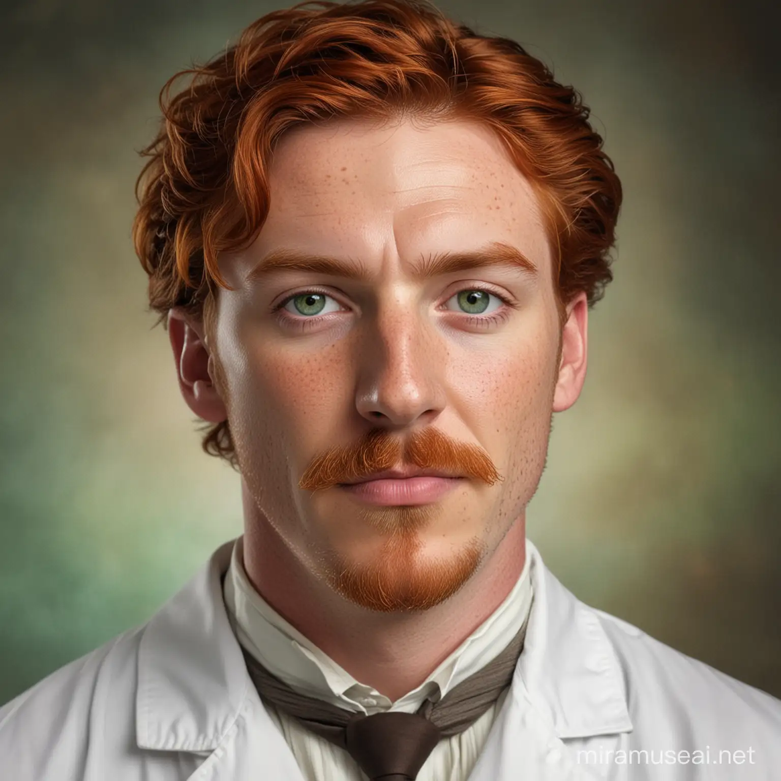 Freckled RedHaired 19th Century Doctor in White Coat