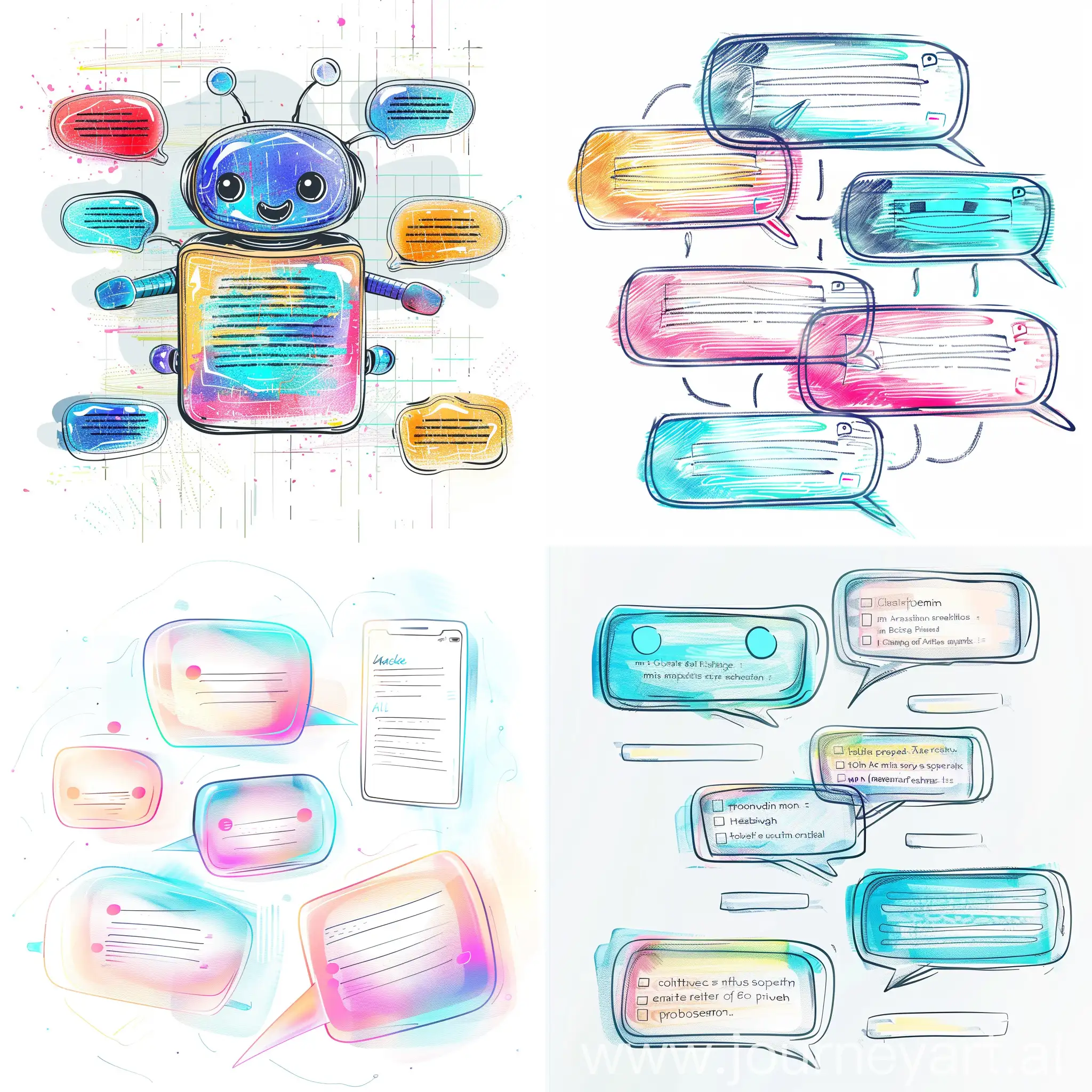 Chatbot application messaging app window, bubbles with text indicating a conversation, color pencil sketch style 