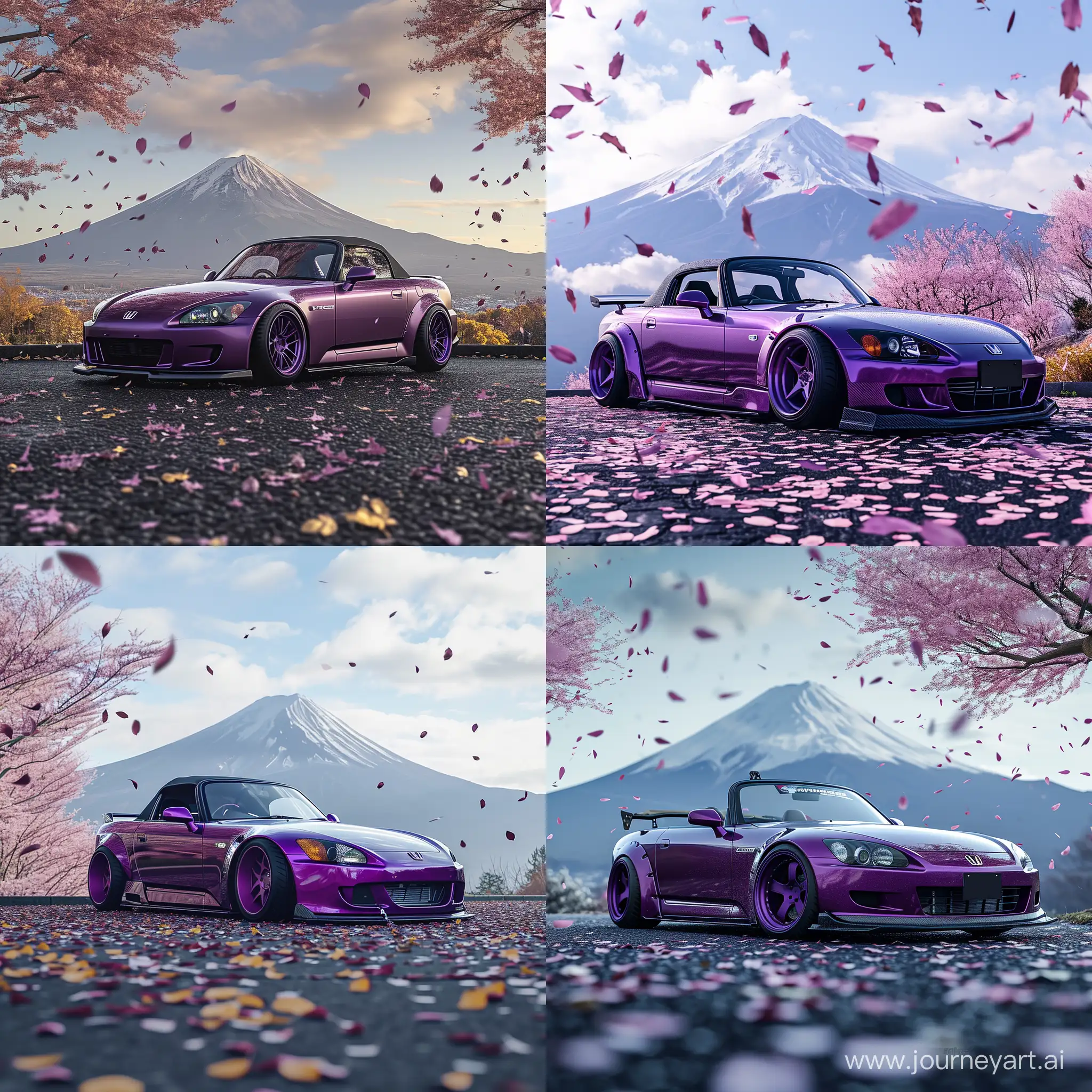 Hyperrealistic photo of a parked honda s2000 with drift kits in purple on the background of Mount Fuji with falling sakura leaves in winter