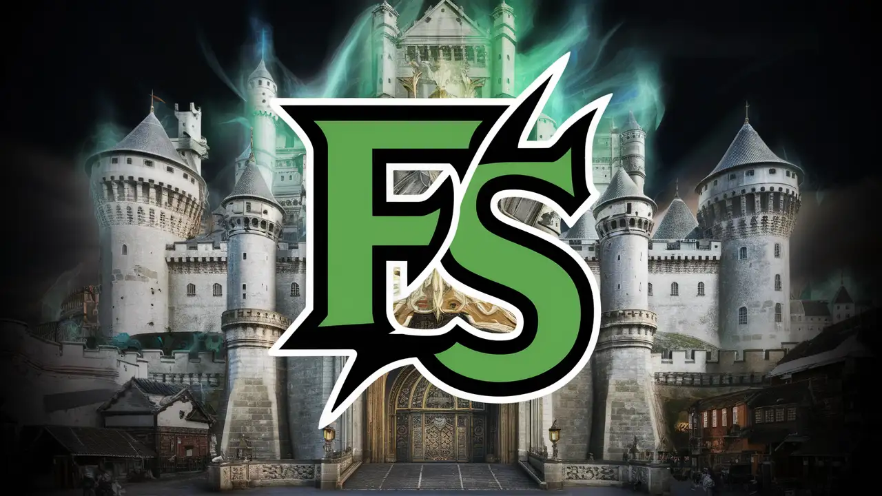 A logo with the words "FS" exactly are displayed in the middle. mostly Green and black. The background is a Aden castle from Lineage 2