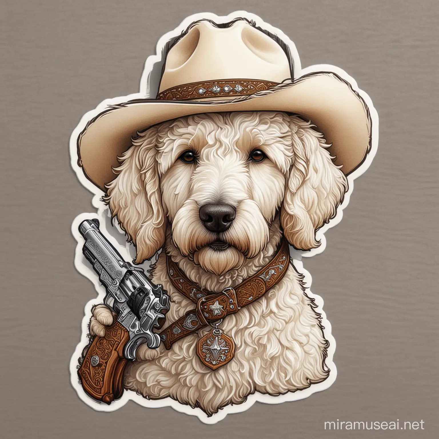 Sticker of a white goldendoodle cowboy with an old school pistol,  thick lines, medium detail, no shading 
