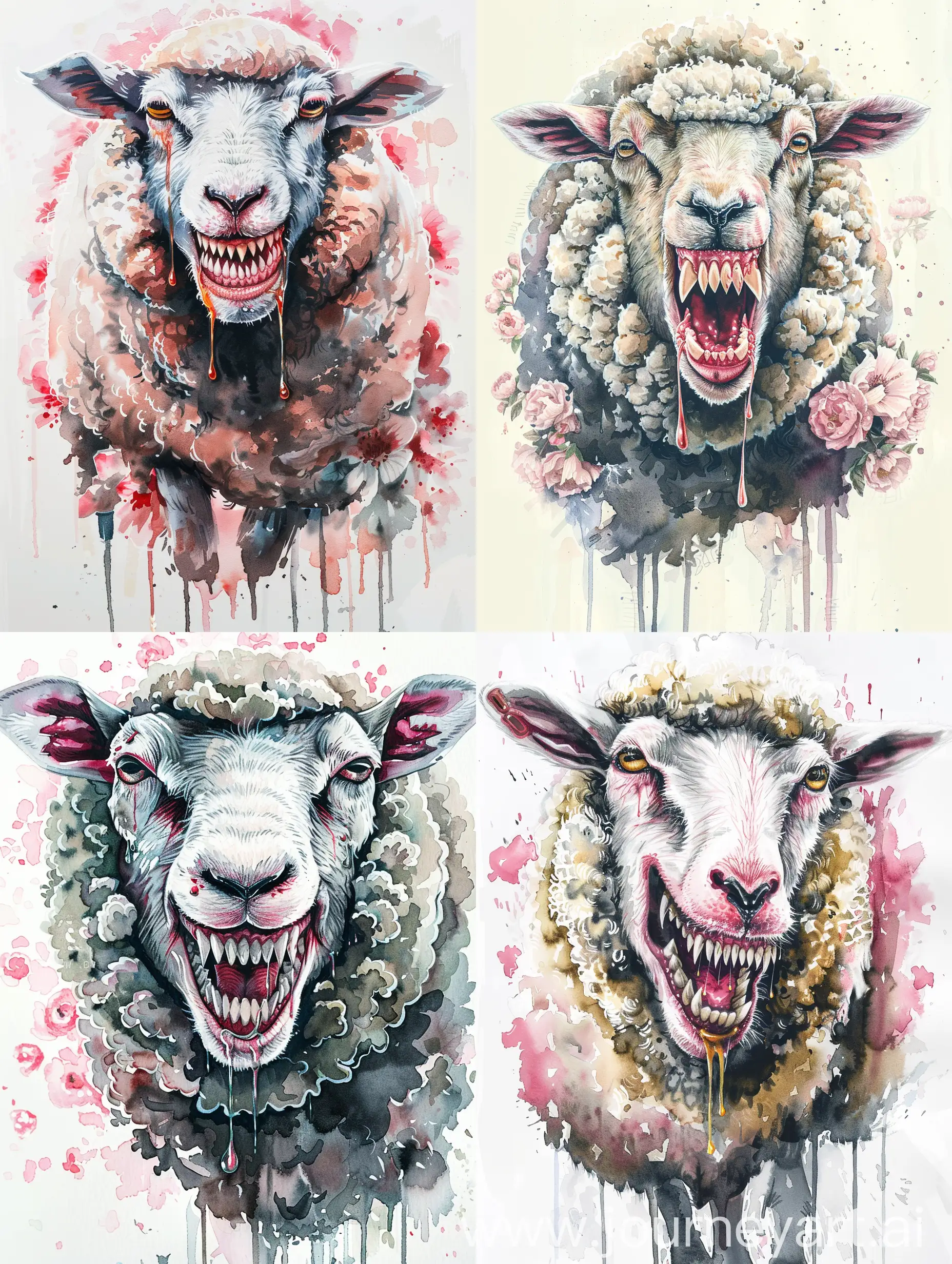 illustration of honey care pump watercolor painting, detailed portrait of a sheep with a wolfish grin, emphasis on fangs with dripping saliva, uhd image, animal images, dreamy watercolor flowers, childlike innocence, bo Chen, dark white and pink
