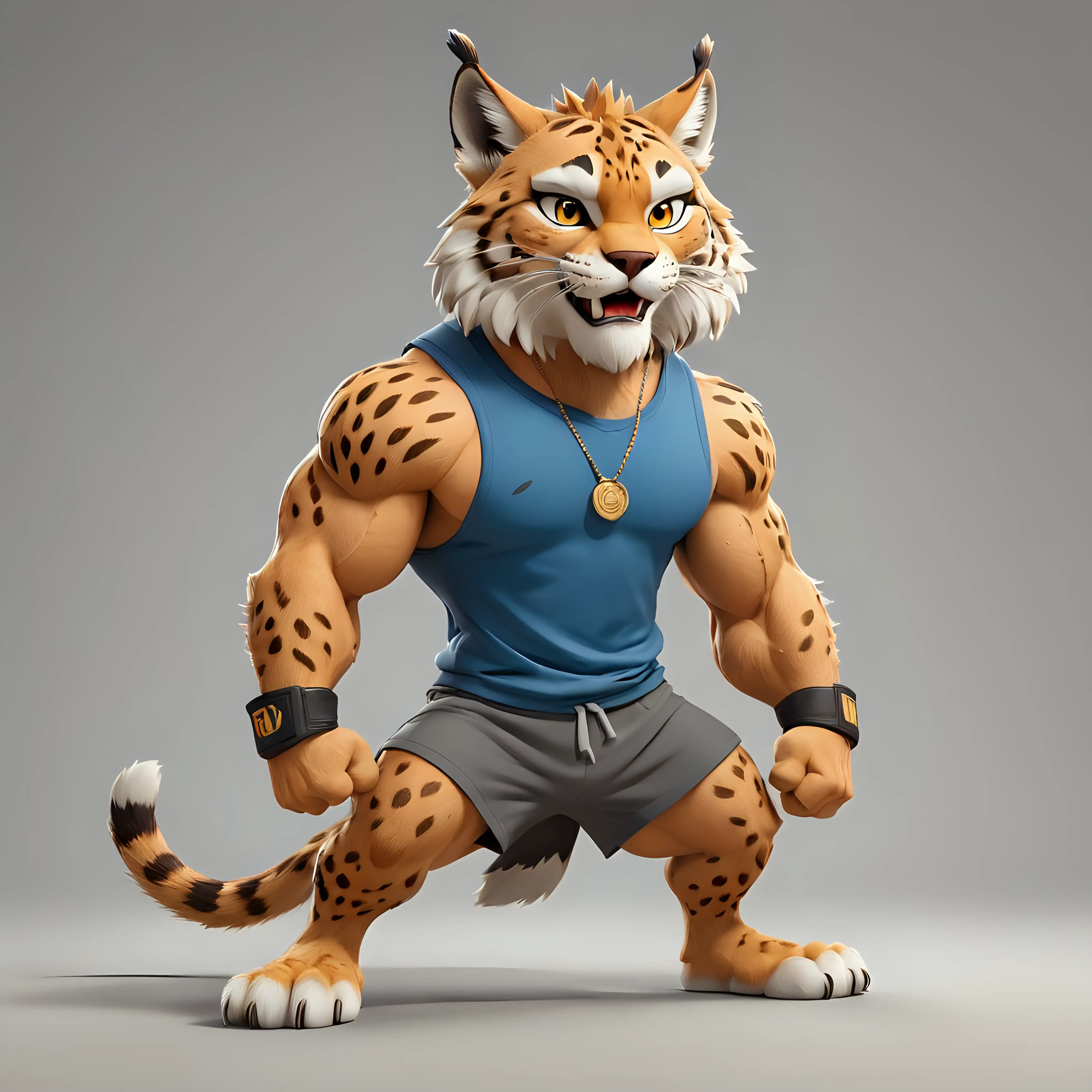 a lynx in cartoon style, full body, Body building clothes, with clear background