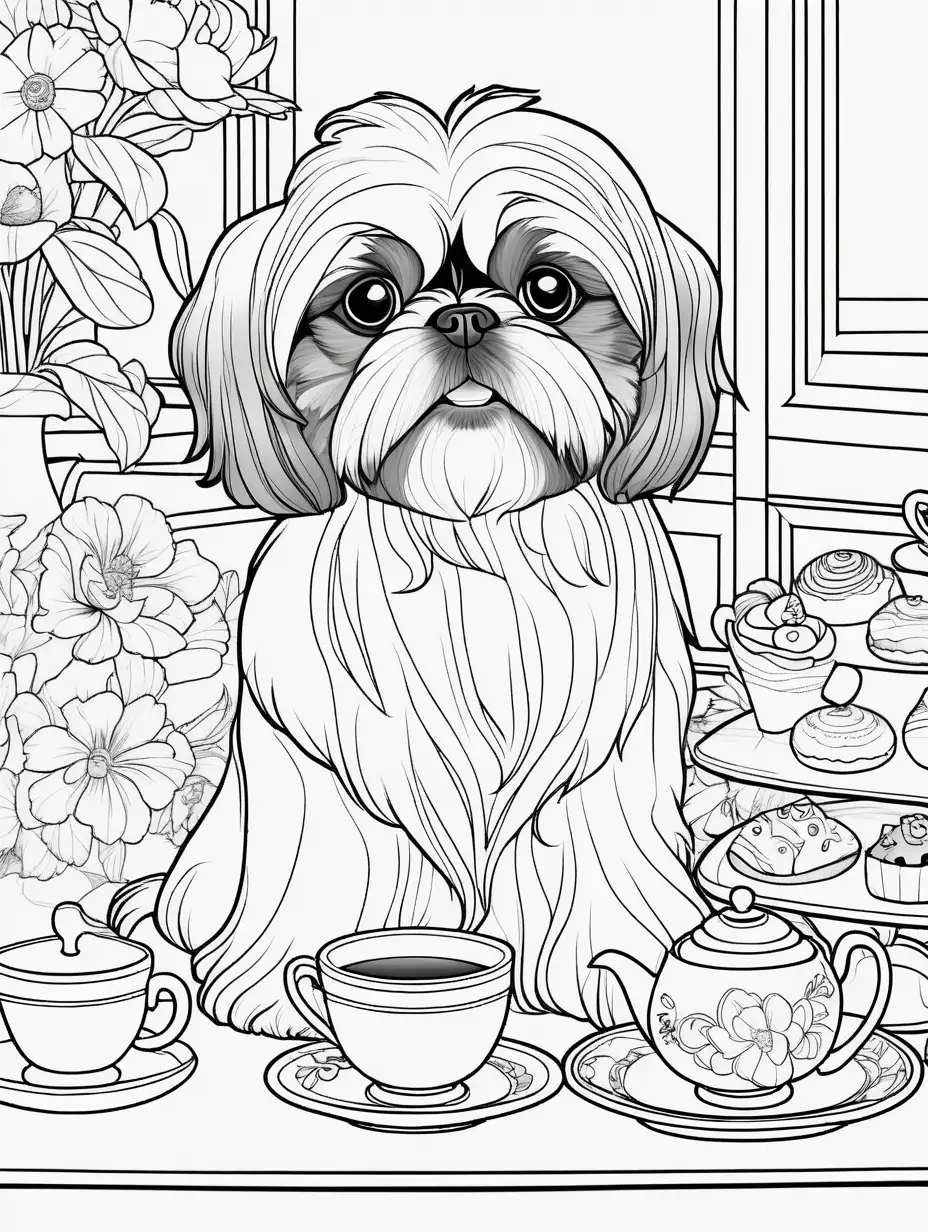 a coloring book page of a shih tzu having a tea partyl, thin lines, low detail, no shading