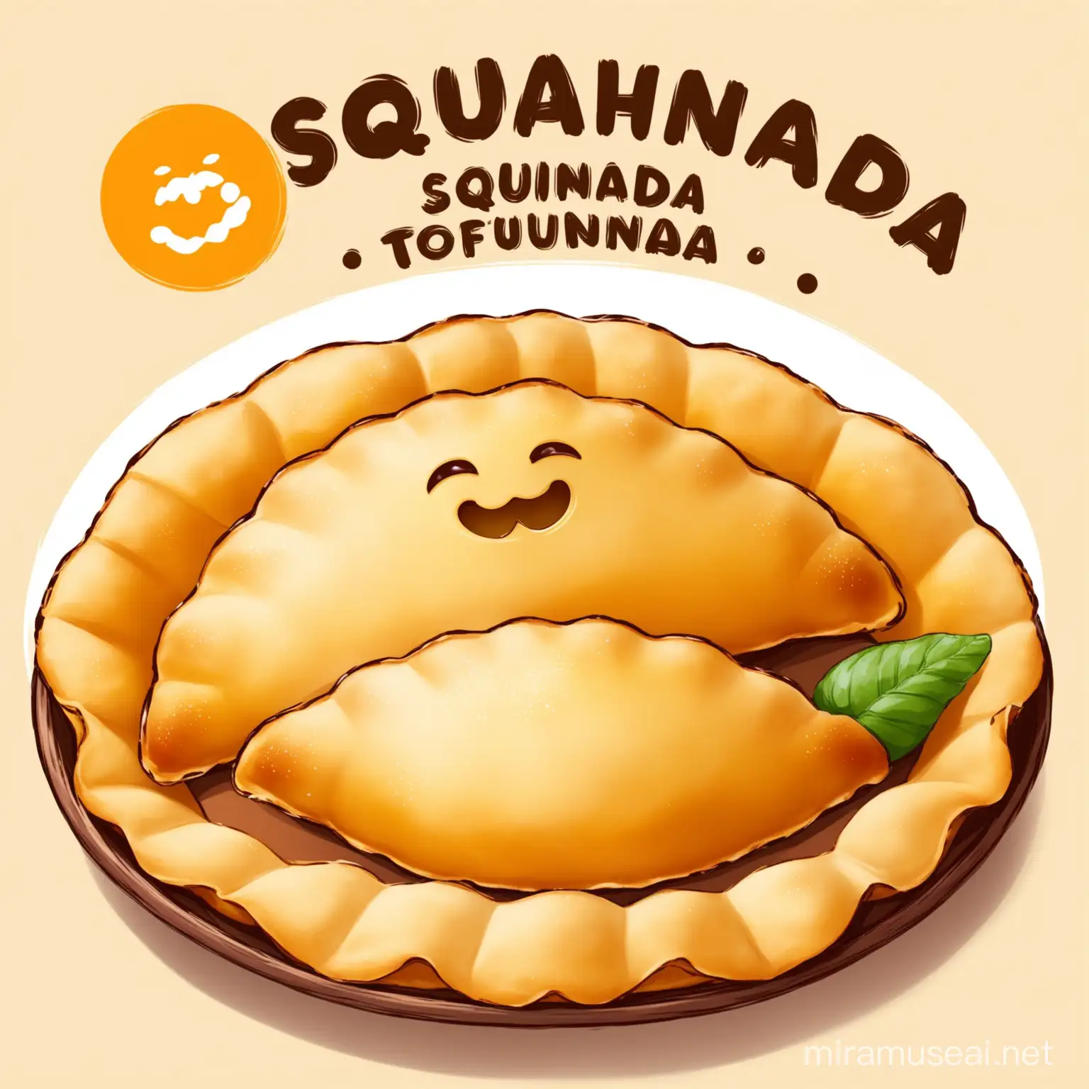 Make a logo for a business of Pastry, Empanada a halfmoon pastry with tofu and squash in it inside, and its name is (SQUASHY TOFUNADA)