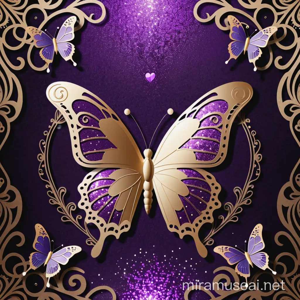 Steampunk Butterfly on Glittery Filigree Digital Paper with Exquisite Irises and Lacy Heart