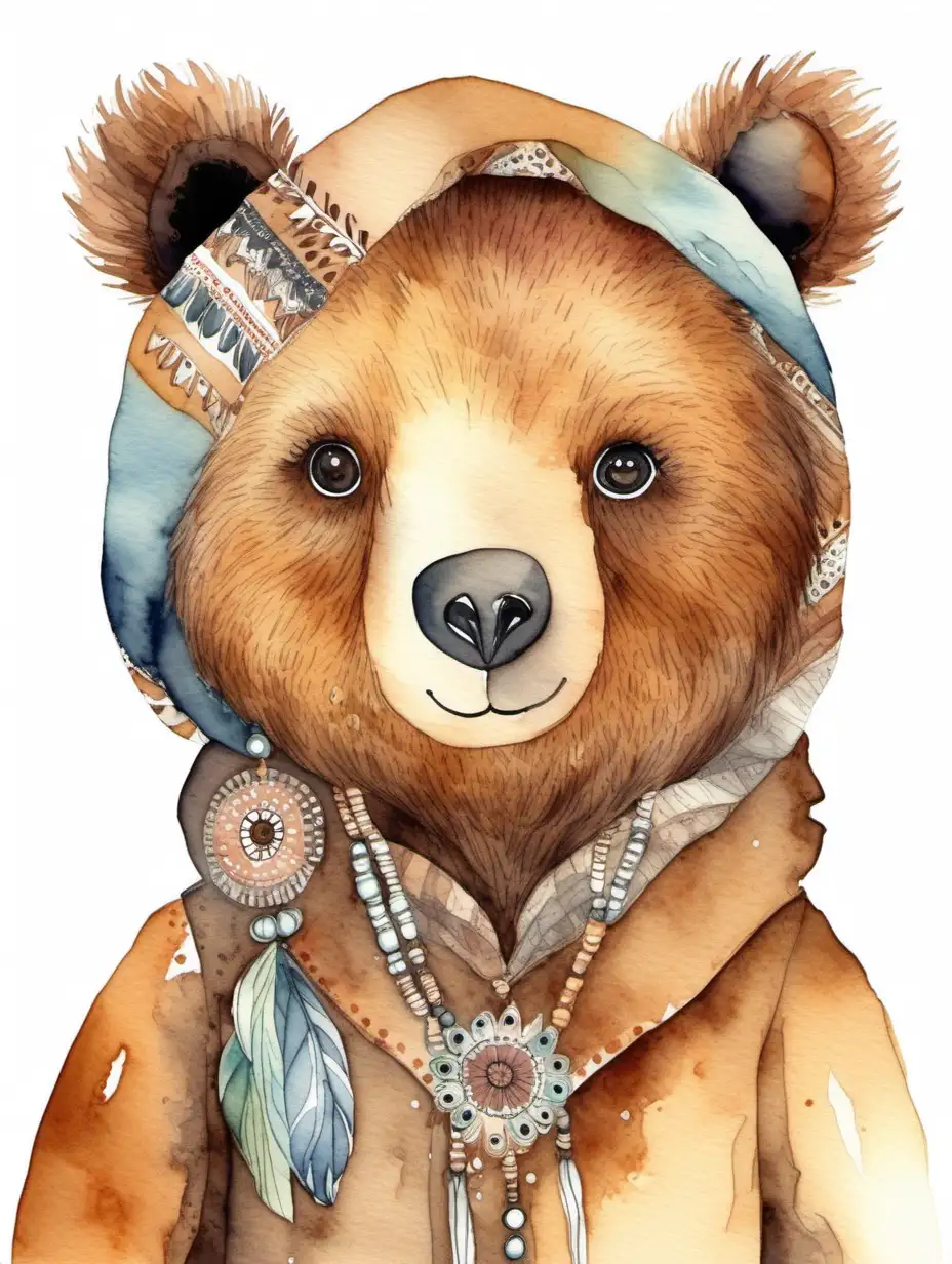 Adorable Boho Brown Bear in Watercolor Style