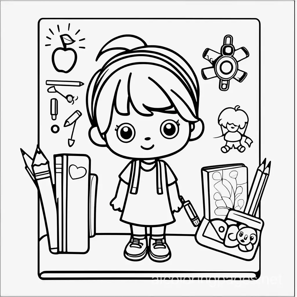 Simple color book pages for kids with a theme of school life, Coloring Page, black and white, line art, white background, Simplicity, Ample White Space. The background of the coloring page is plain white to make it easy for young children to color within the lines. The outlines of all the subjects are easy to distinguish, making it simple for kids to color without too much difficulty