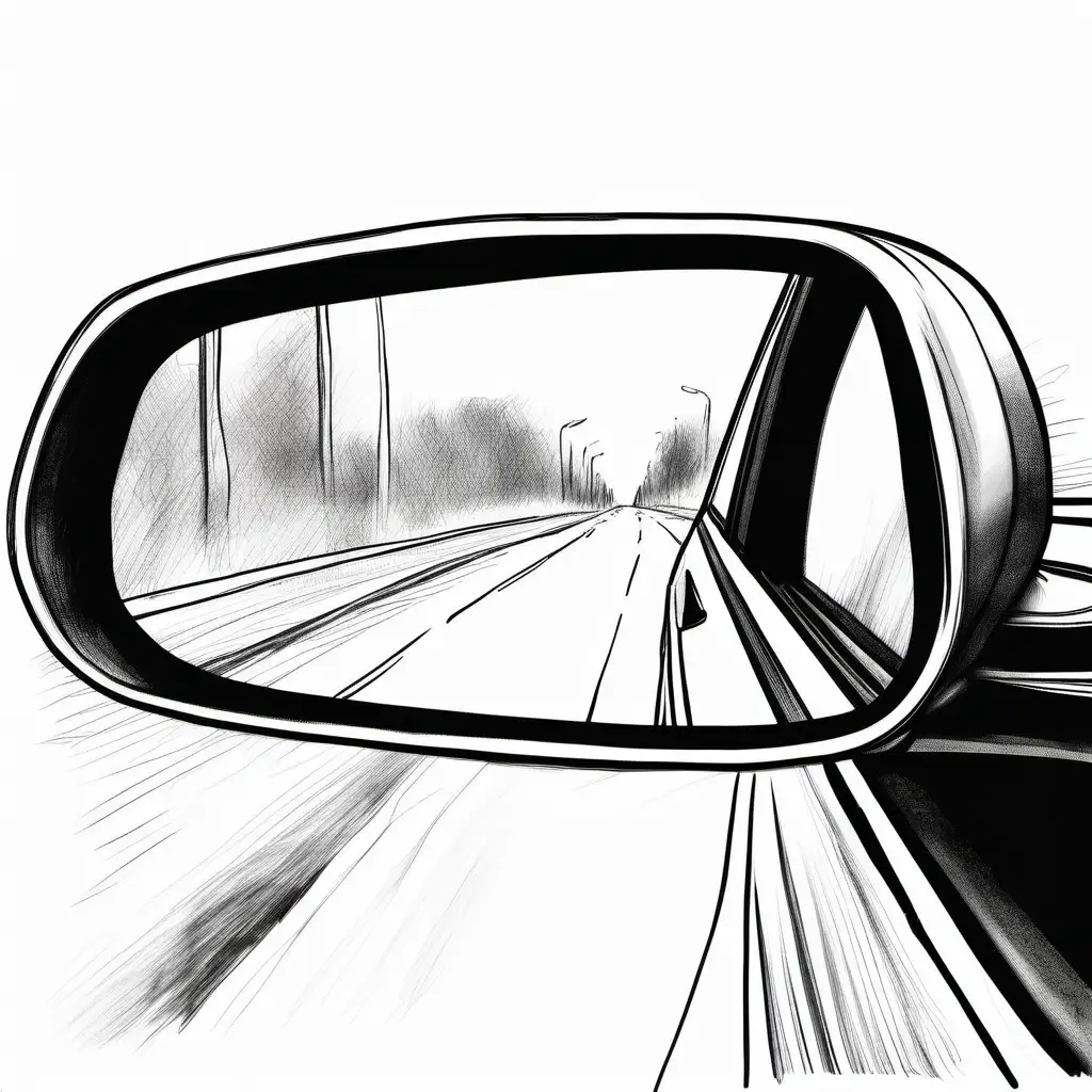Create a hand sketch of the back of the road through a car mirror.

All the drawing should fit in the image.
No colors. White background. No shades