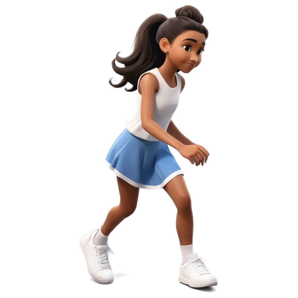 Cartoon character realistic style of a 12 years old girl. She has brown skin, long black hair tied in a messy bun , big light brown eyes. She is wearing a white top and a above the knee blue skirt and white shoes.  Show her back profile not her face. She is walking facing right . She is happy.