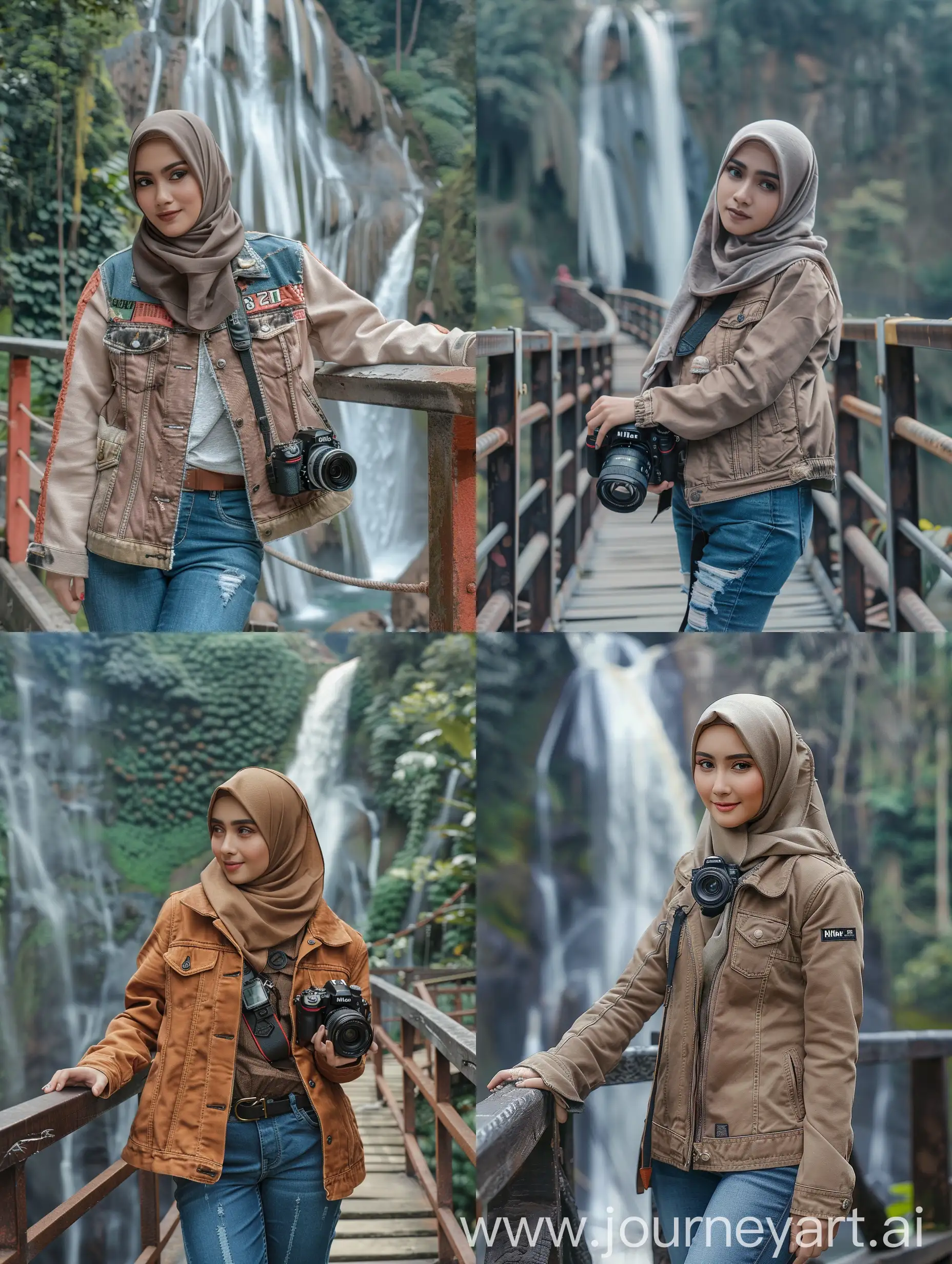 Seorang wanita cantik Indonesia hijab. Berumur 25 tahun mengenakan jaket Trucker dan celana jeans. Wanita itu sedang berada diatas jembatan. Tepat dibelakangnya ada pemandangan air terjun.memegang kamera Nikon.sangat detail. 8KFoto asli. 