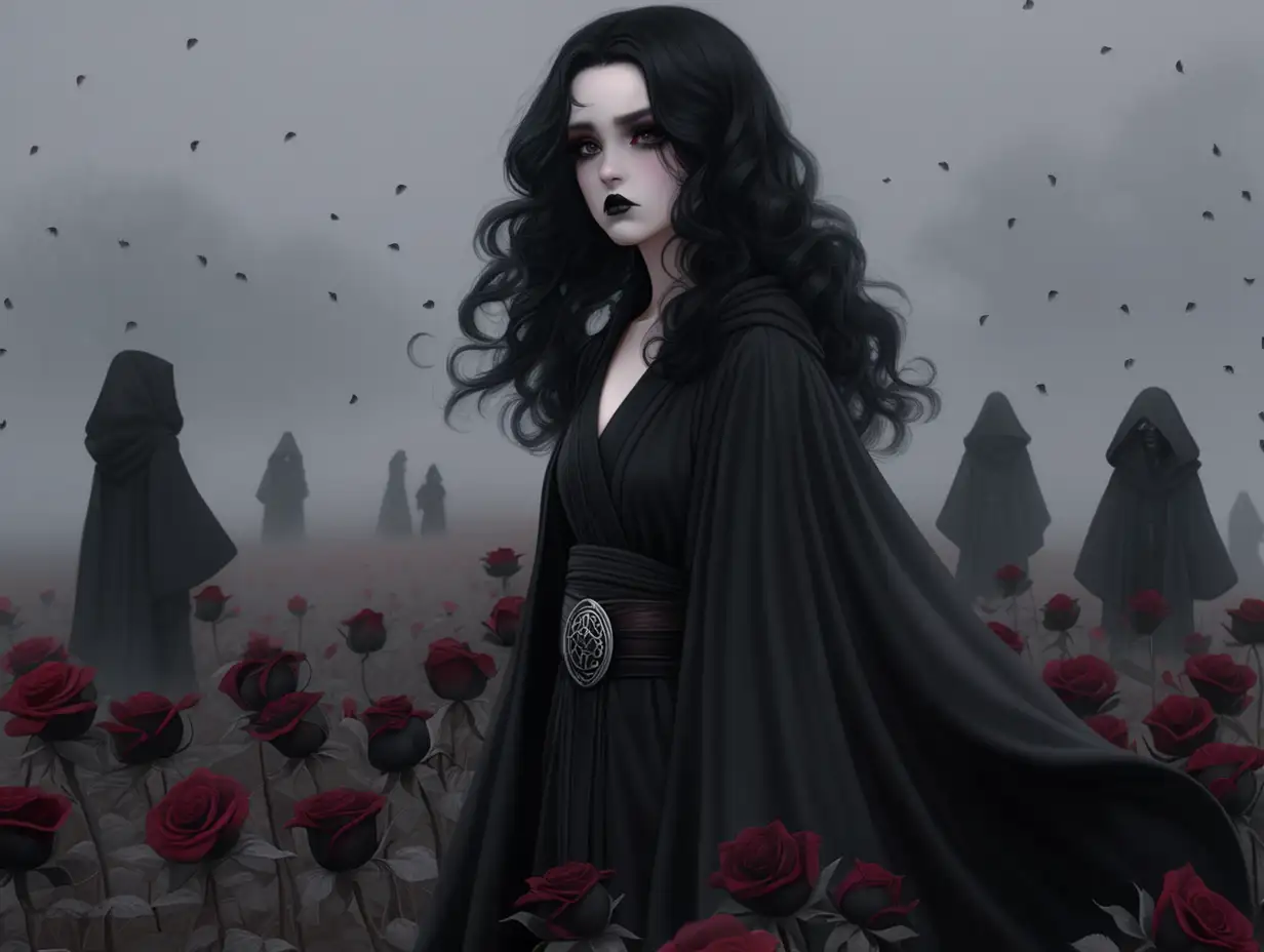 Black haired woman in black robes. goth, female, pale skin, long curly black hair, jedi, black makeup, streaking mascara, black jedi robes, black roses in her hair, saddened, standing in a foggy field of black roses, fantasy, Anime. Grey eyes.