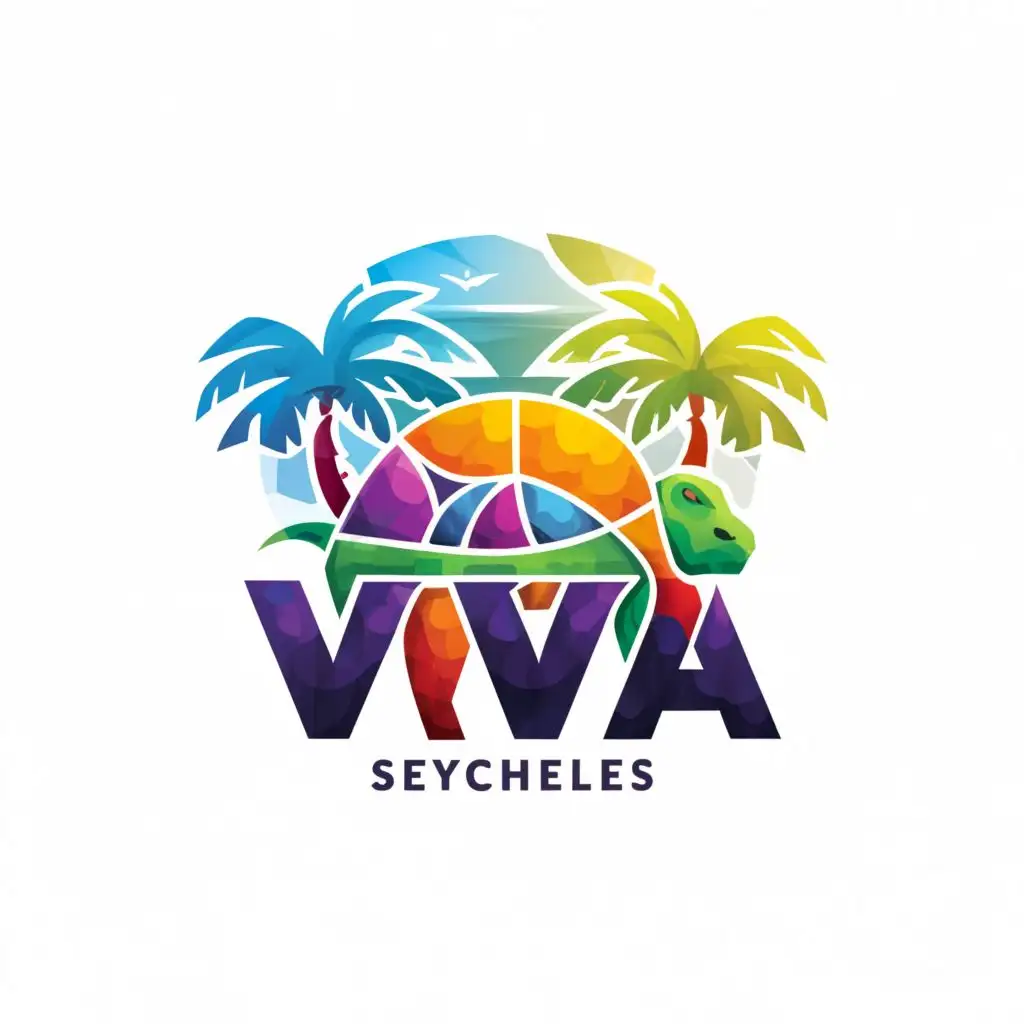 a logo design,with the text "VIVA", main symbol: Incorporate iconic elements of Seychelles such as palm trees, the outline of the islands, tropical flowers, or a stylized representation of the Aldabra giant tortoise.,complex,clear background