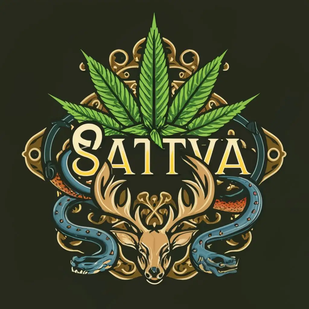 logo, leaf/deer/snake, with the text "sativa", typography