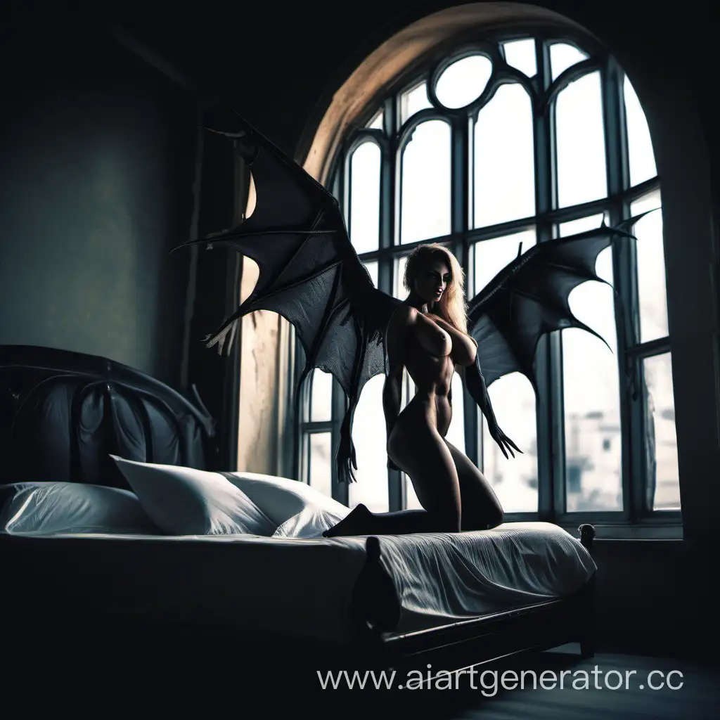 beautiful busty female succubus, black wings through open window. muscular male on the bed 