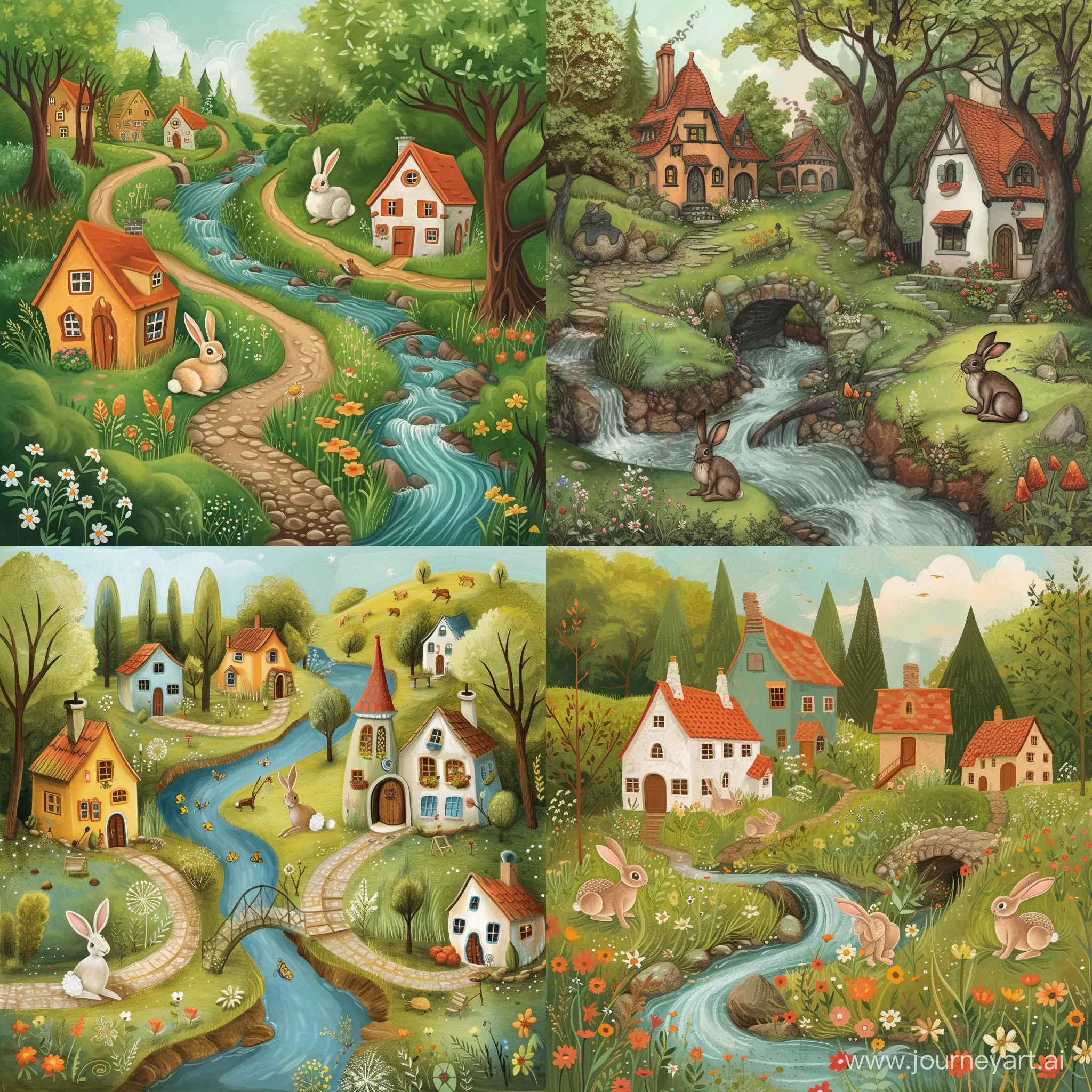 иллюстрация на тему домики, зайцы, ручей, сказка