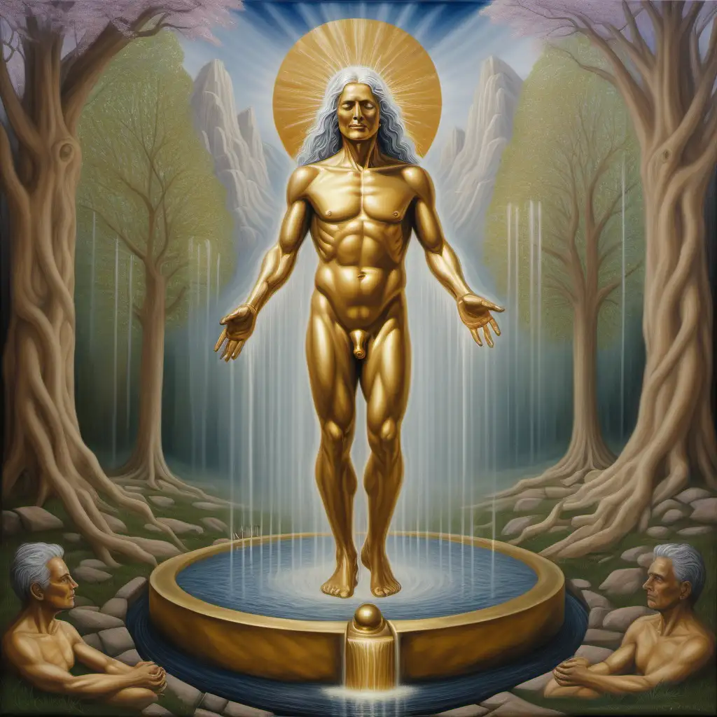a masterpiece detailed oil painting of an archetypal figure, jungian, self, inner self, spiritual alchemy, lead-into-gold, fountain of youth, spring eternal, unusual imagry
